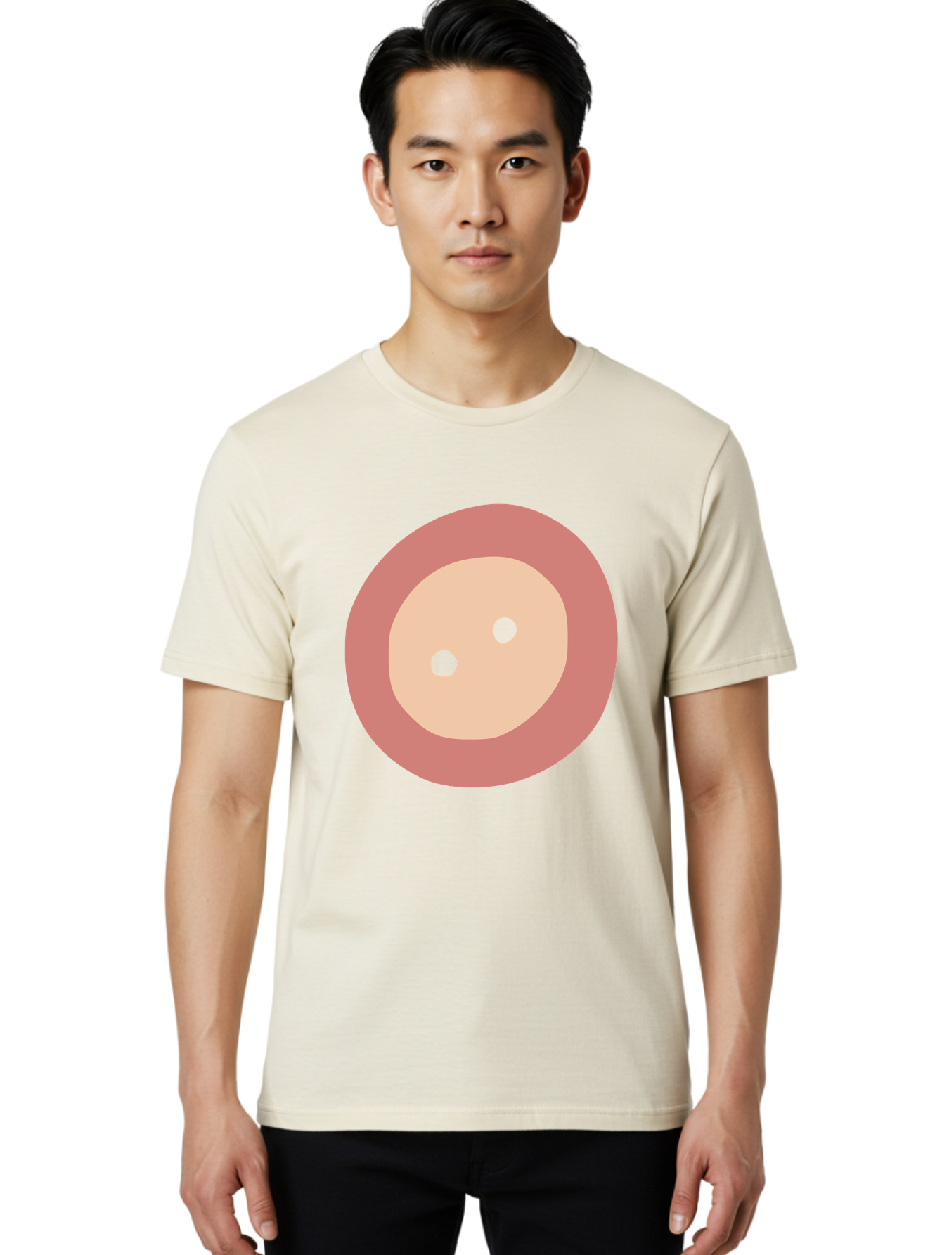 Face-With-Green-Eyes Men'S Graphic Tee, 100% Cotton, Comfortable Casual Summer Wear, Machine Washable, Simple Face, Green Eyes, Beige Skin, Pink Circle, Cartoon Character, Minimalist Design, Abstract Art, Digital Illustration Aac030