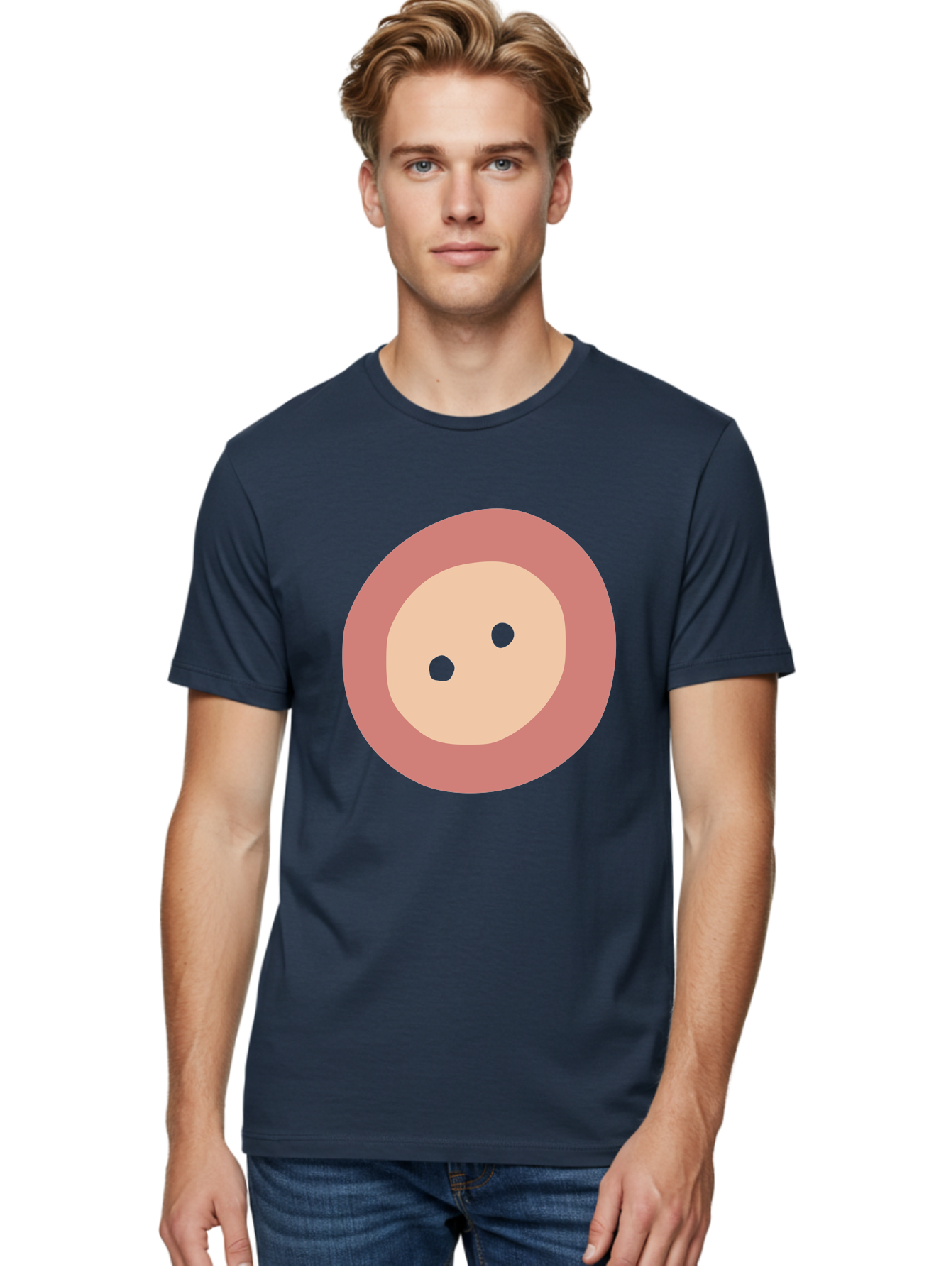 Face-With-Green-Eyes Men'S Graphic Tee, 100% Cotton, Comfortable Casual Summer Wear, Machine Washable, Simple Face, Green Eyes, Beige Skin, Pink Circle, Cartoon Character, Minimalist Design, Abstract Art, Digital Illustration Aac030