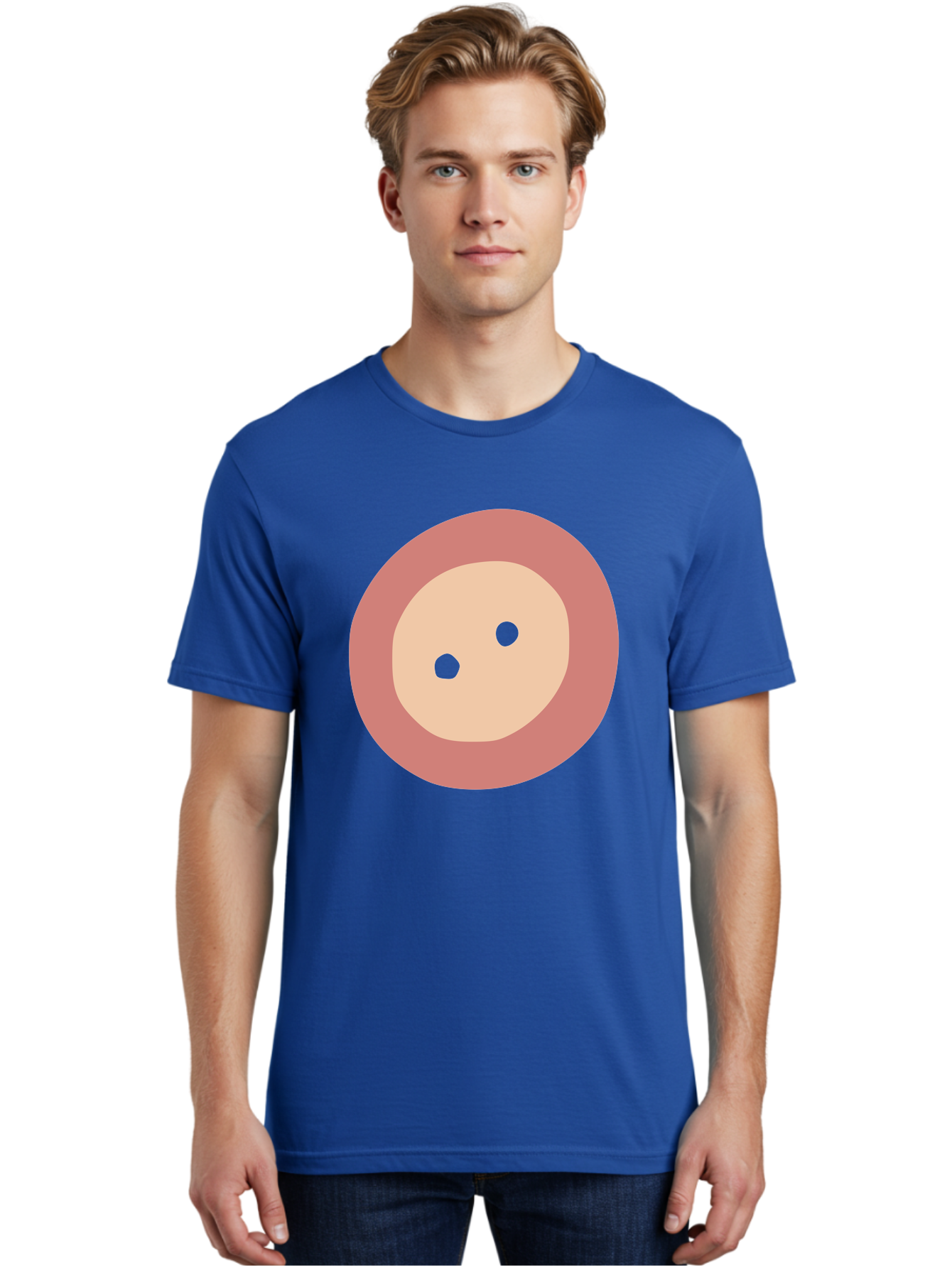 Face-With-Green-Eyes Men'S Graphic Tee, 100% Cotton, Comfortable Casual Summer Wear, Machine Washable, Simple Face, Green Eyes, Beige Skin, Pink Circle, Cartoon Character, Minimalist Design, Abstract Art, Digital Illustration Aac030