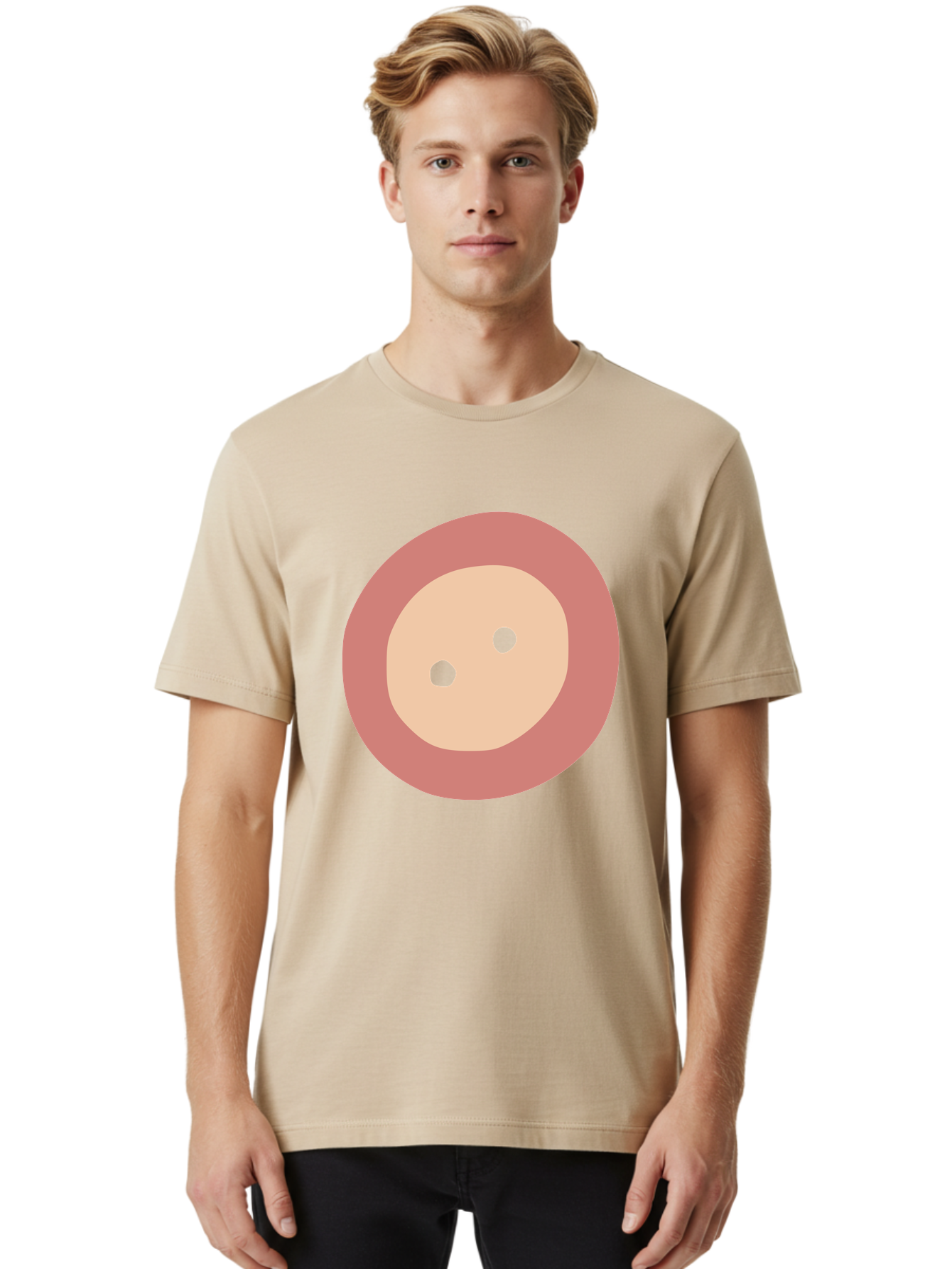 Face-With-Green-Eyes Men'S Graphic Tee, 100% Cotton, Comfortable Casual Summer Wear, Machine Washable, Simple Face, Green Eyes, Beige Skin, Pink Circle, Cartoon Character, Minimalist Design, Abstract Art, Digital Illustration Aac030