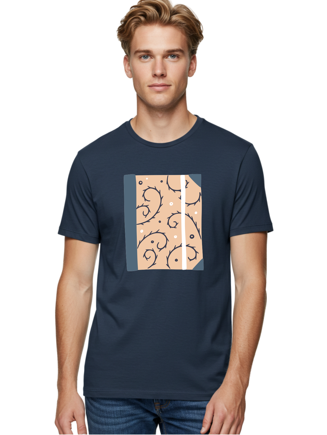 Fish-Pattern-Book Men'S Graphic Tee, 100% Cotton, Comfortable Casual Summer Wear, Machine Washable, Notebook, Journal, Fish Pattern, Peach Background, Blue Binding, Creative Design, Stationery, School Supplies, Organization Tools, Writing Pad, Aac032