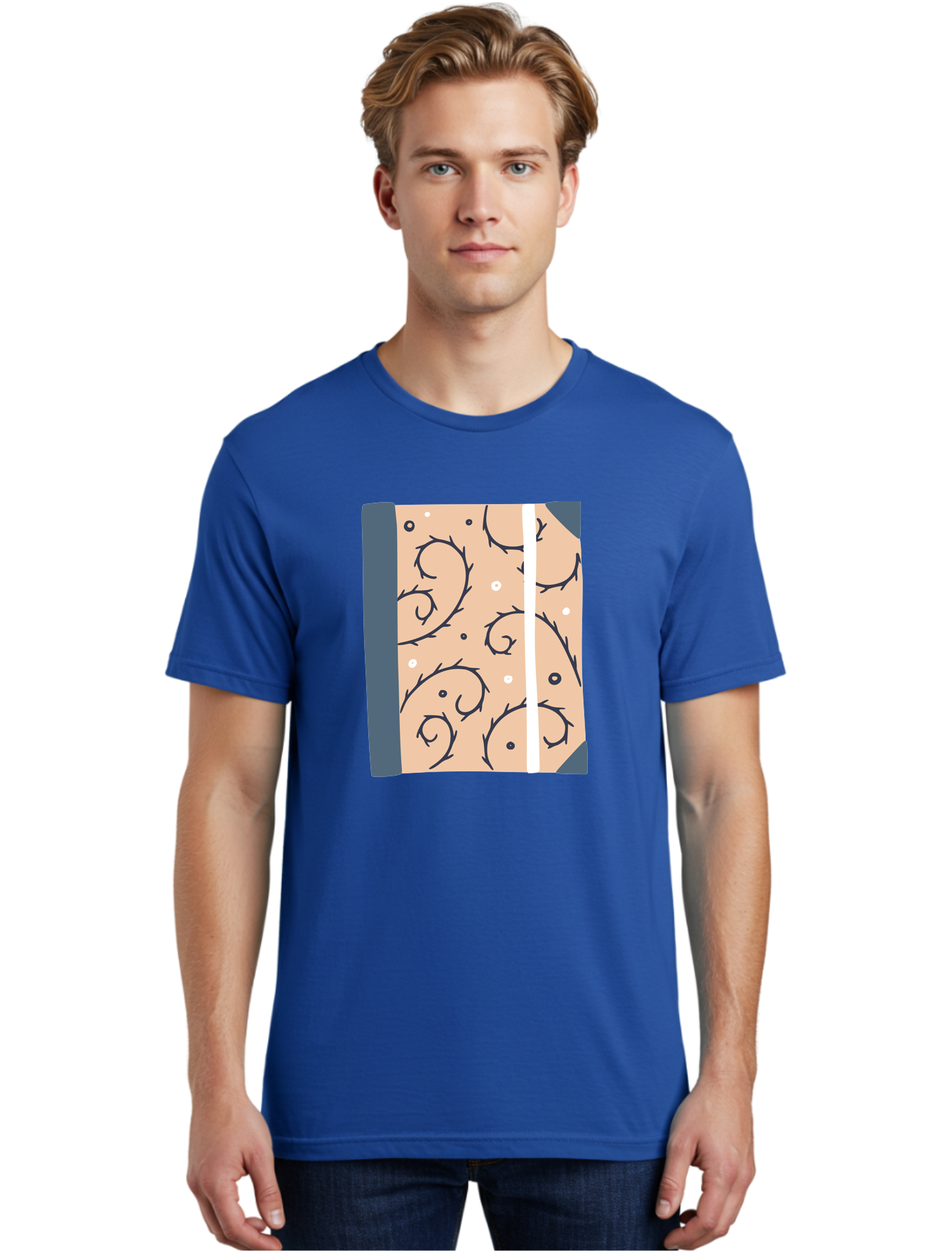 Fish-Pattern-Book Men'S Graphic Tee, 100% Cotton, Comfortable Casual Summer Wear, Machine Washable, Notebook, Journal, Fish Pattern, Peach Background, Blue Binding, Creative Design, Stationery, School Supplies, Organization Tools, Writing Pad, Aac032