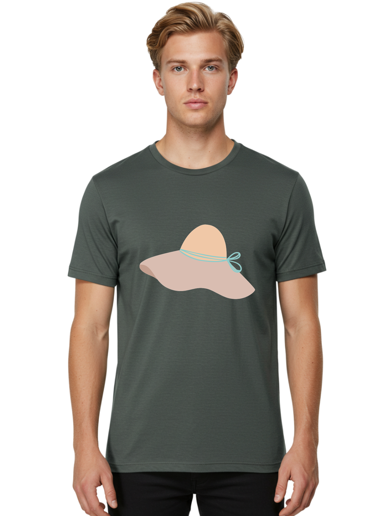 Floppy-Hat Men'S Graphic Tee, 100% Cotton, Comfortable Casual Summer Wear, Machine Washable, Summer Hat, Beach Hat, Sun Protection, Stylish Accessory, Fashion Statement, Pink Color, Blue Ribbon, Elegant Design, Women'S Fashion, Warm Weather Aac034