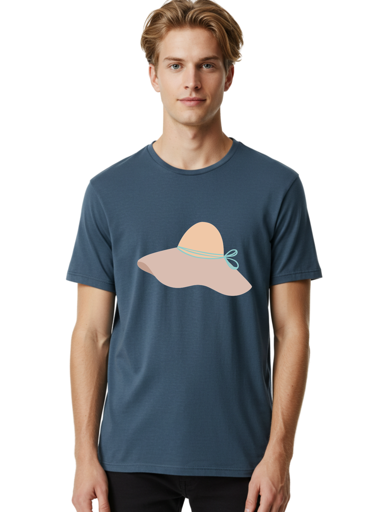 Floppy-Hat Men'S Graphic Tee, 100% Cotton, Comfortable Casual Summer Wear, Machine Washable, Summer Hat, Beach Hat, Sun Protection, Stylish Accessory, Fashion Statement, Pink Color, Blue Ribbon, Elegant Design, Women'S Fashion, Warm Weather Aac034