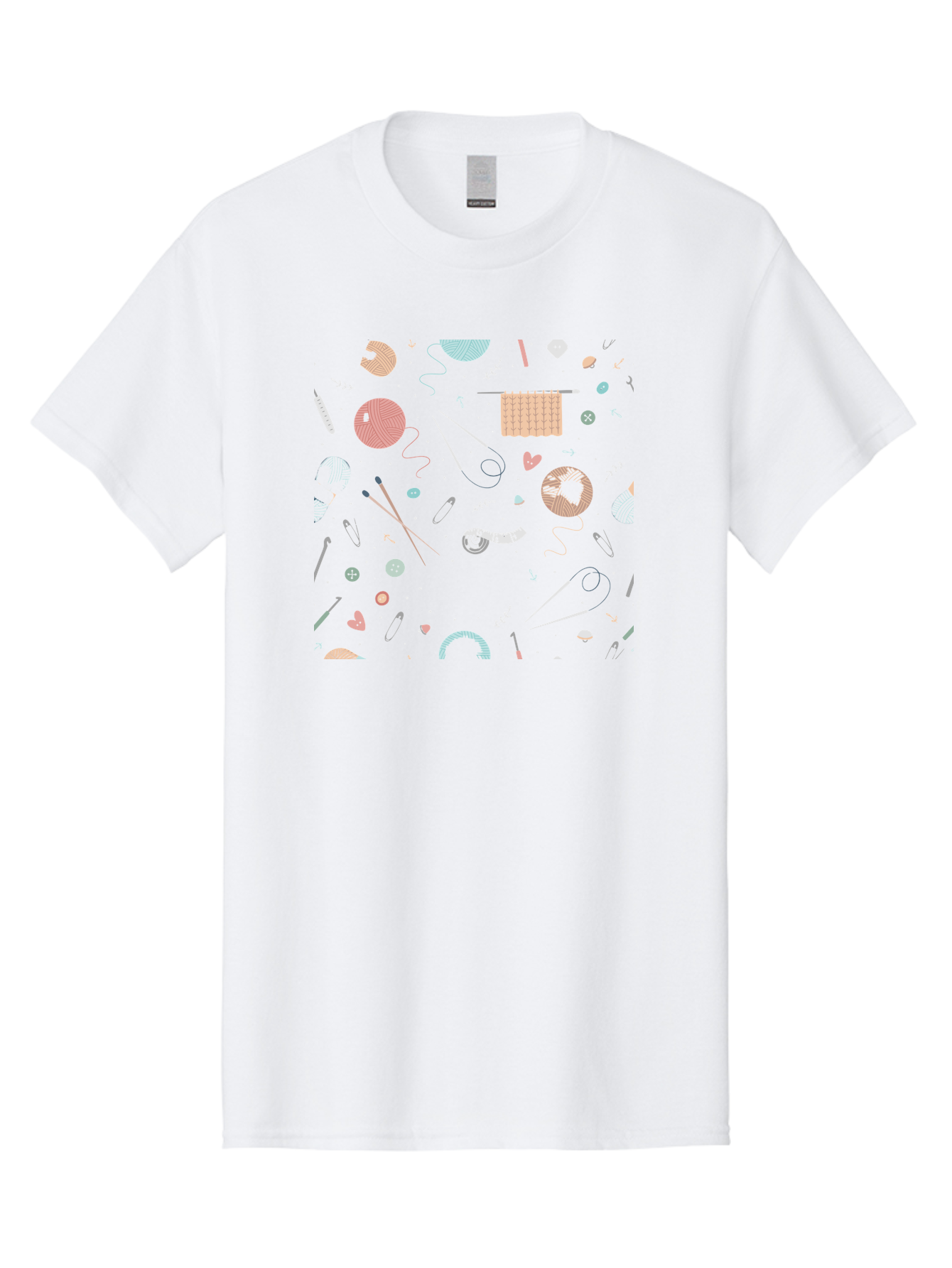 Knit-Pattern Men'S Graphic Tee, 100% Cotton, Comfortable Casual Summer Wear, Machine Washable, Knitting Accessories, Yarn Balls, Knitting Needles, Sewing Buttons, Knitted Fabric, Craft Supplies, Pastel Colors, Dark Blue Background, Aac049