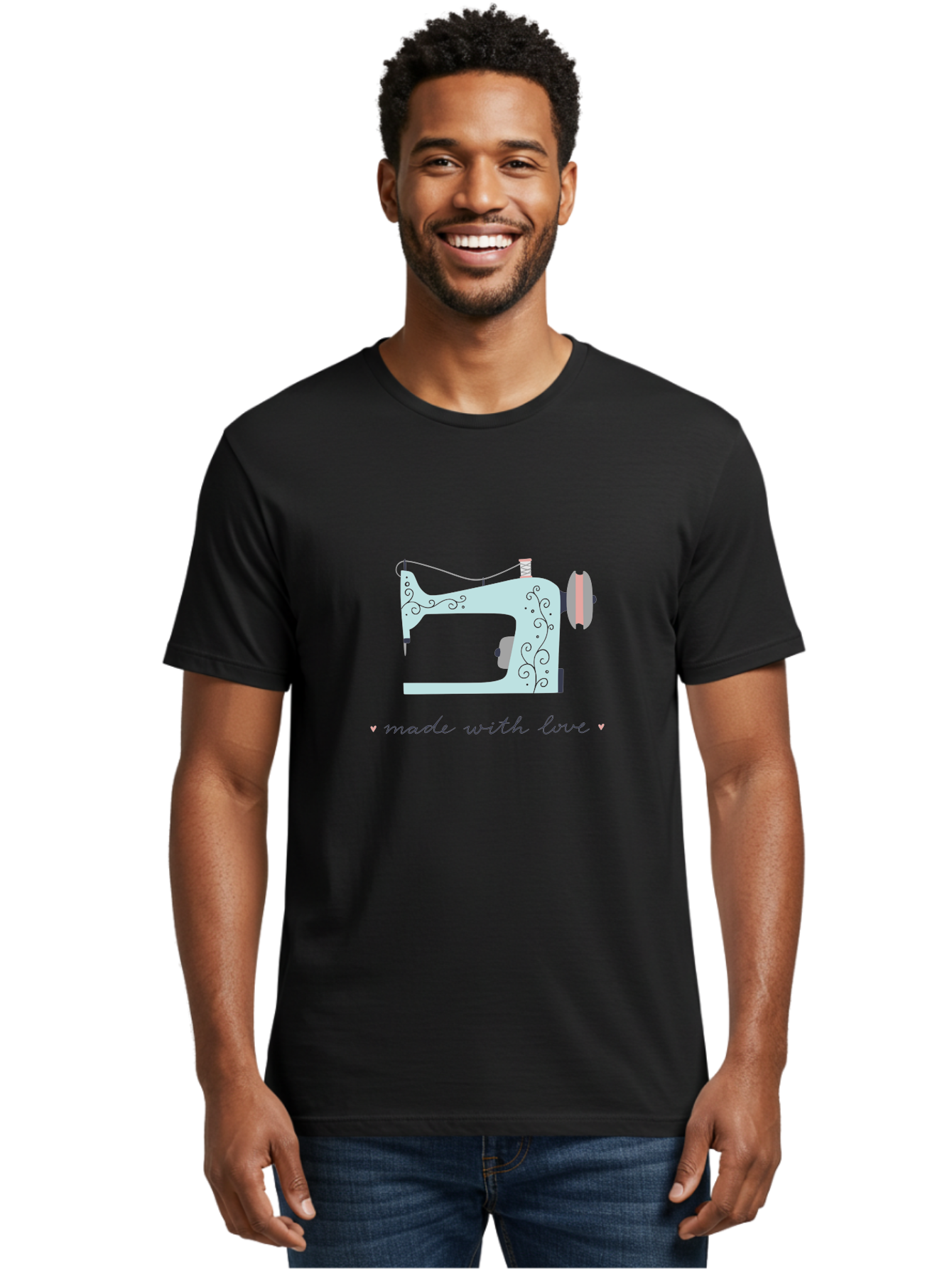 Made-With-Love-1 Men'S Graphic Tee, 100% Cotton, Comfortable Casual Summer Wear, Machine Washable, Vintage Sewing Machine, Handmade With Love, Sewing, Embroidery, Craft, Diy, Tailoring, Fashion Design Aac054