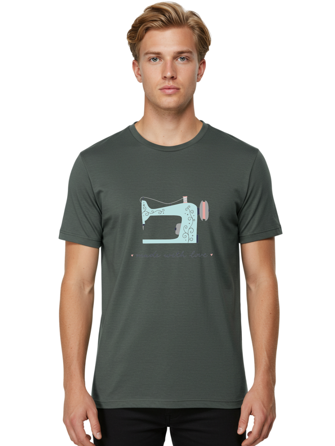 Made-With-Love-1 Men'S Graphic Tee, 100% Cotton, Comfortable Casual Summer Wear, Machine Washable, Vintage Sewing Machine, Handmade With Love, Sewing, Embroidery, Craft, Diy, Tailoring, Fashion Design Aac054