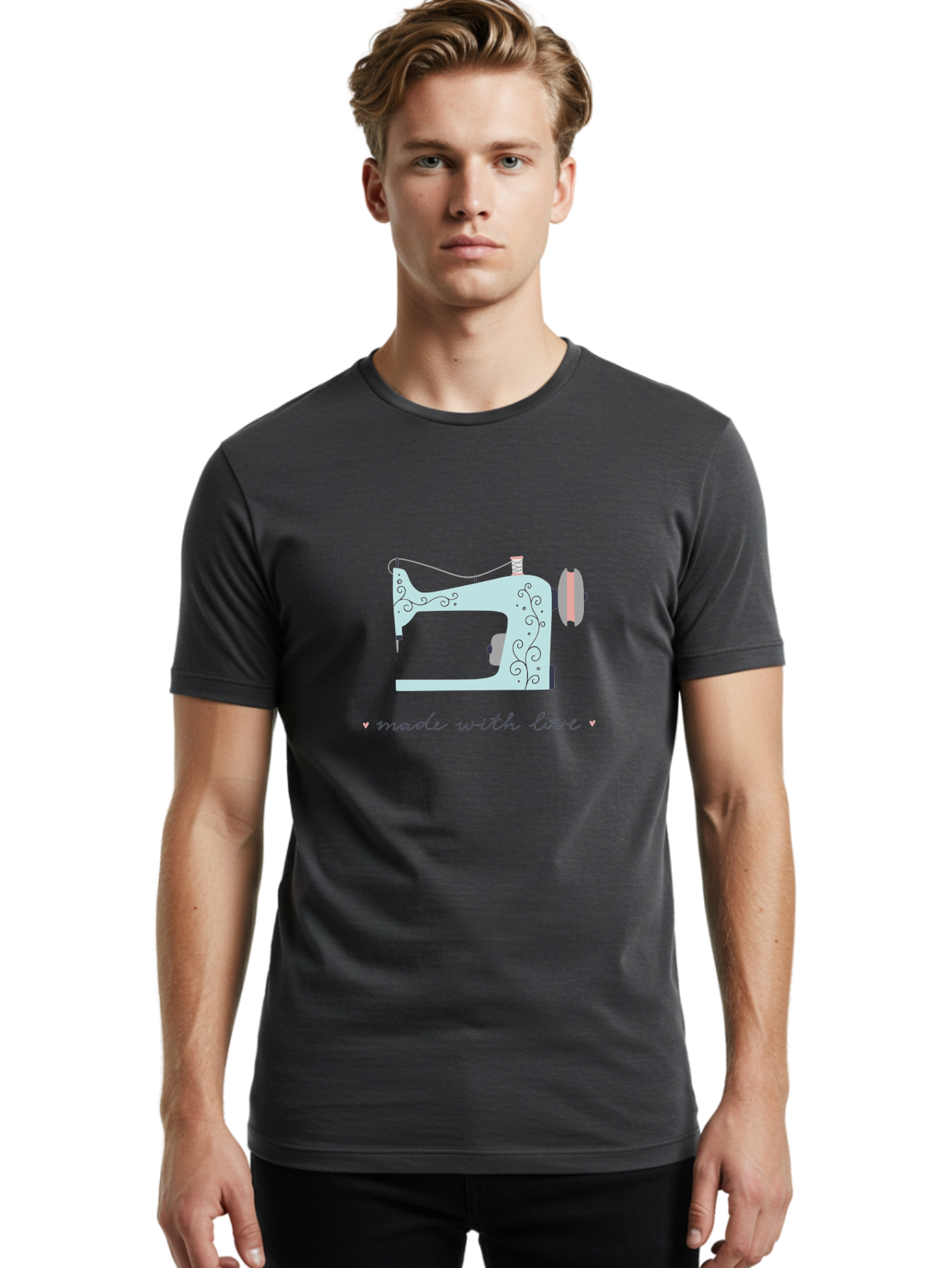 Made-With-Love-1 Men'S Graphic Tee, 100% Cotton, Comfortable Casual Summer Wear, Machine Washable, Vintage Sewing Machine, Handmade With Love, Sewing, Embroidery, Craft, Diy, Tailoring, Fashion Design Aac054