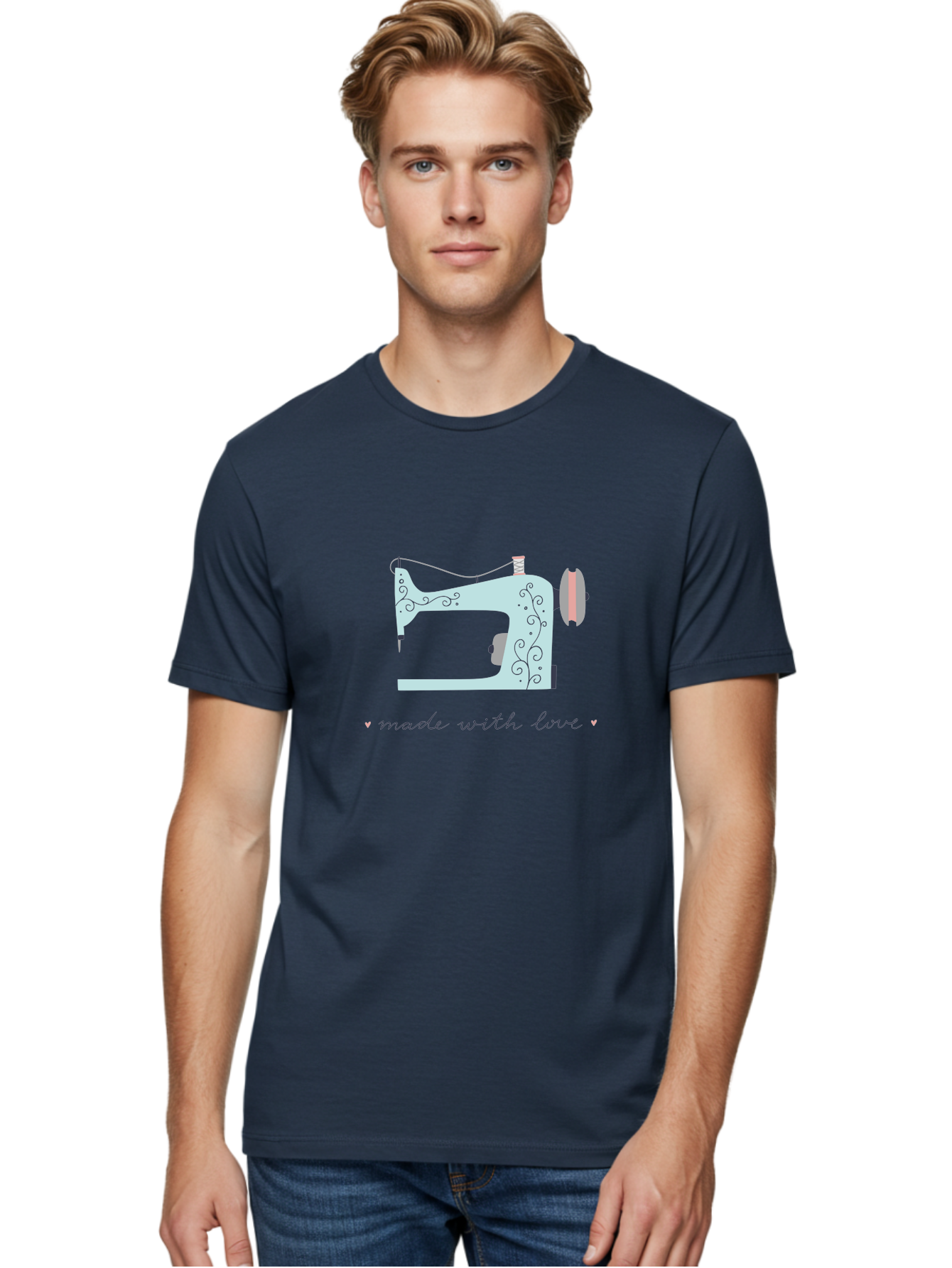 Made-With-Love-1 Men'S Graphic Tee, 100% Cotton, Comfortable Casual Summer Wear, Machine Washable, Vintage Sewing Machine, Handmade With Love, Sewing, Embroidery, Craft, Diy, Tailoring, Fashion Design Aac054