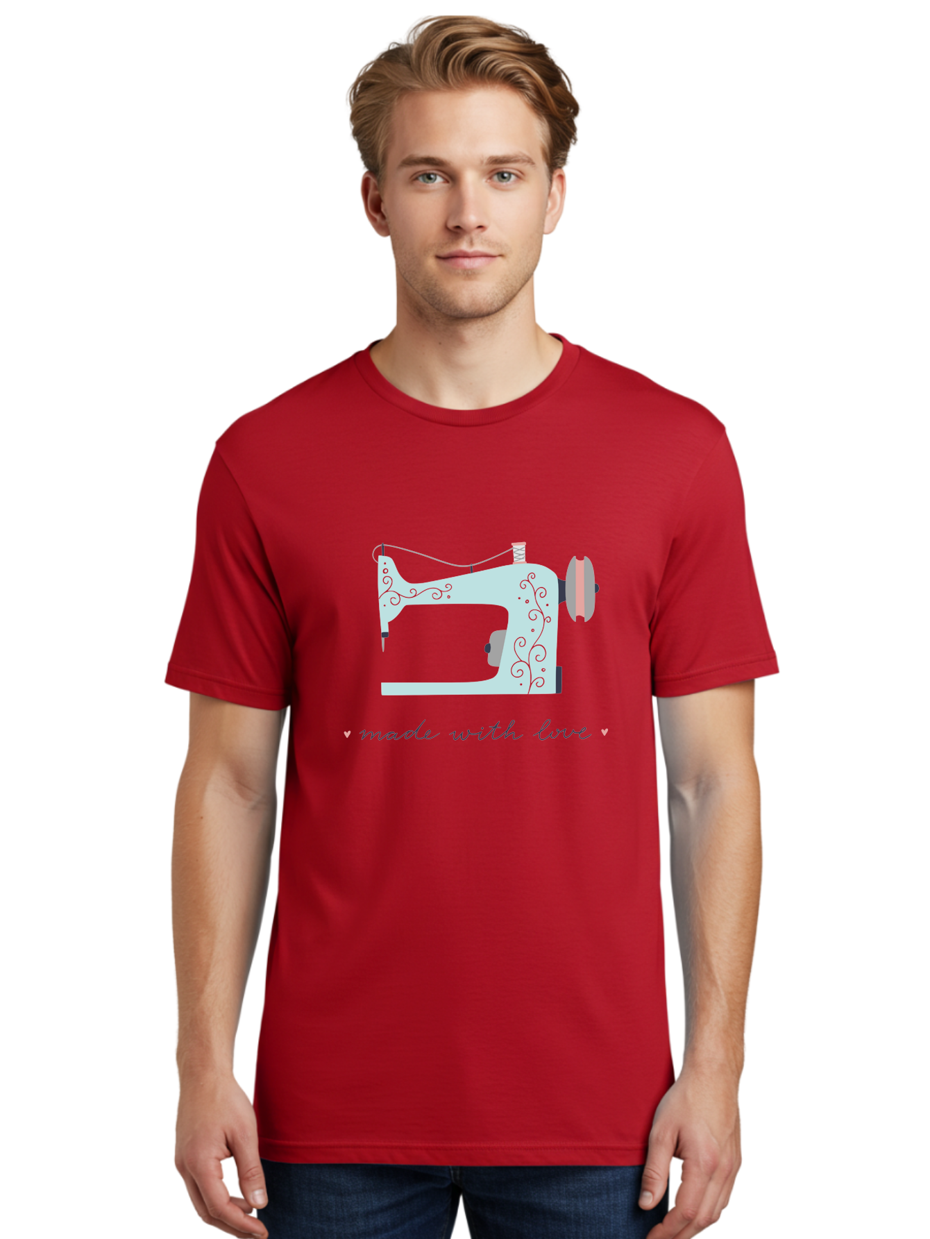 Made-With-Love-1 Men'S Graphic Tee, 100% Cotton, Comfortable Casual Summer Wear, Machine Washable, Vintage Sewing Machine, Handmade With Love, Sewing, Embroidery, Craft, Diy, Tailoring, Fashion Design Aac054