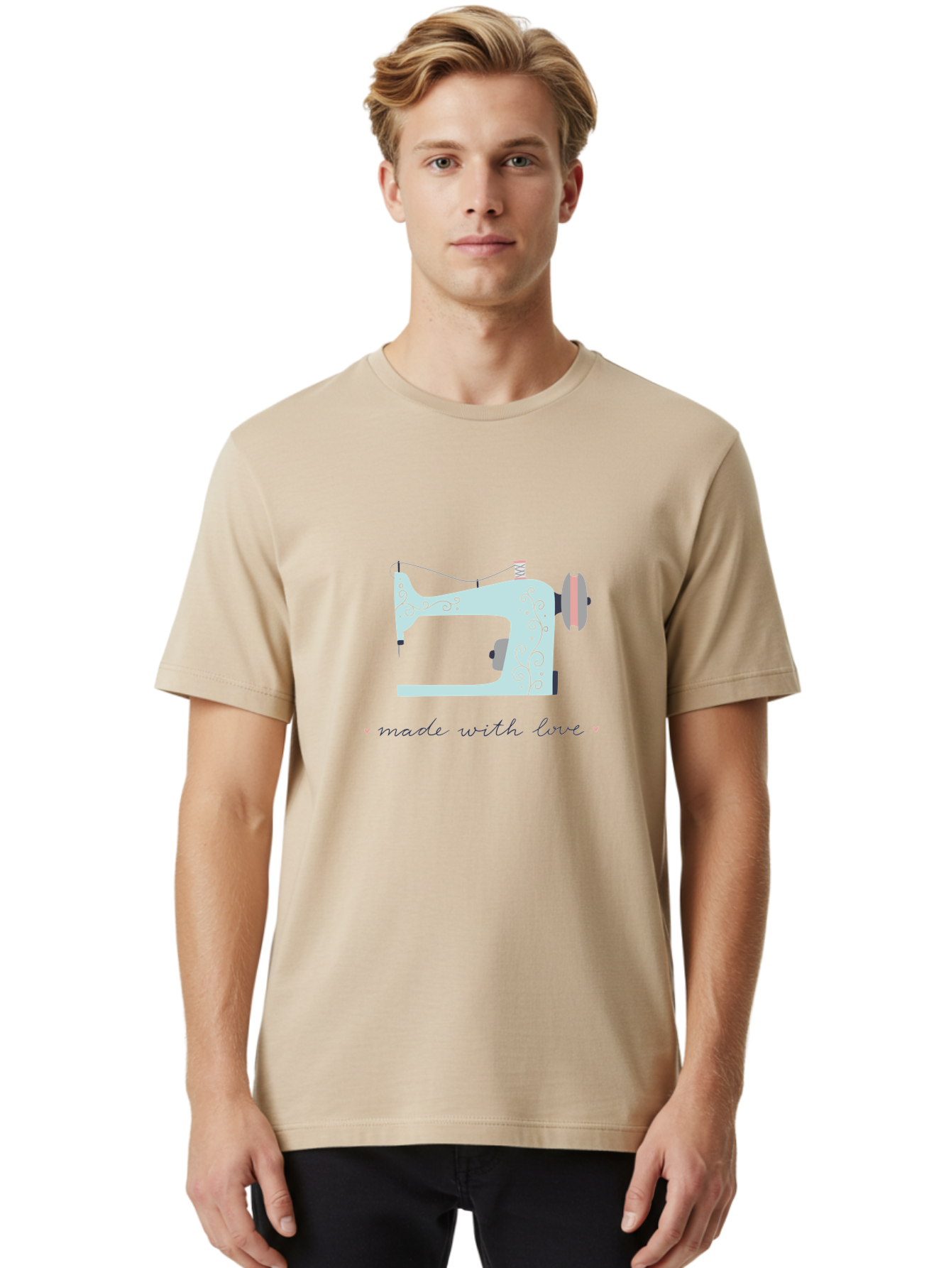 Made-With-Love-1 Men'S Graphic Tee, 100% Cotton, Comfortable Casual Summer Wear, Machine Washable, Vintage Sewing Machine, Handmade With Love, Sewing, Embroidery, Craft, Diy, Tailoring, Fashion Design Aac054