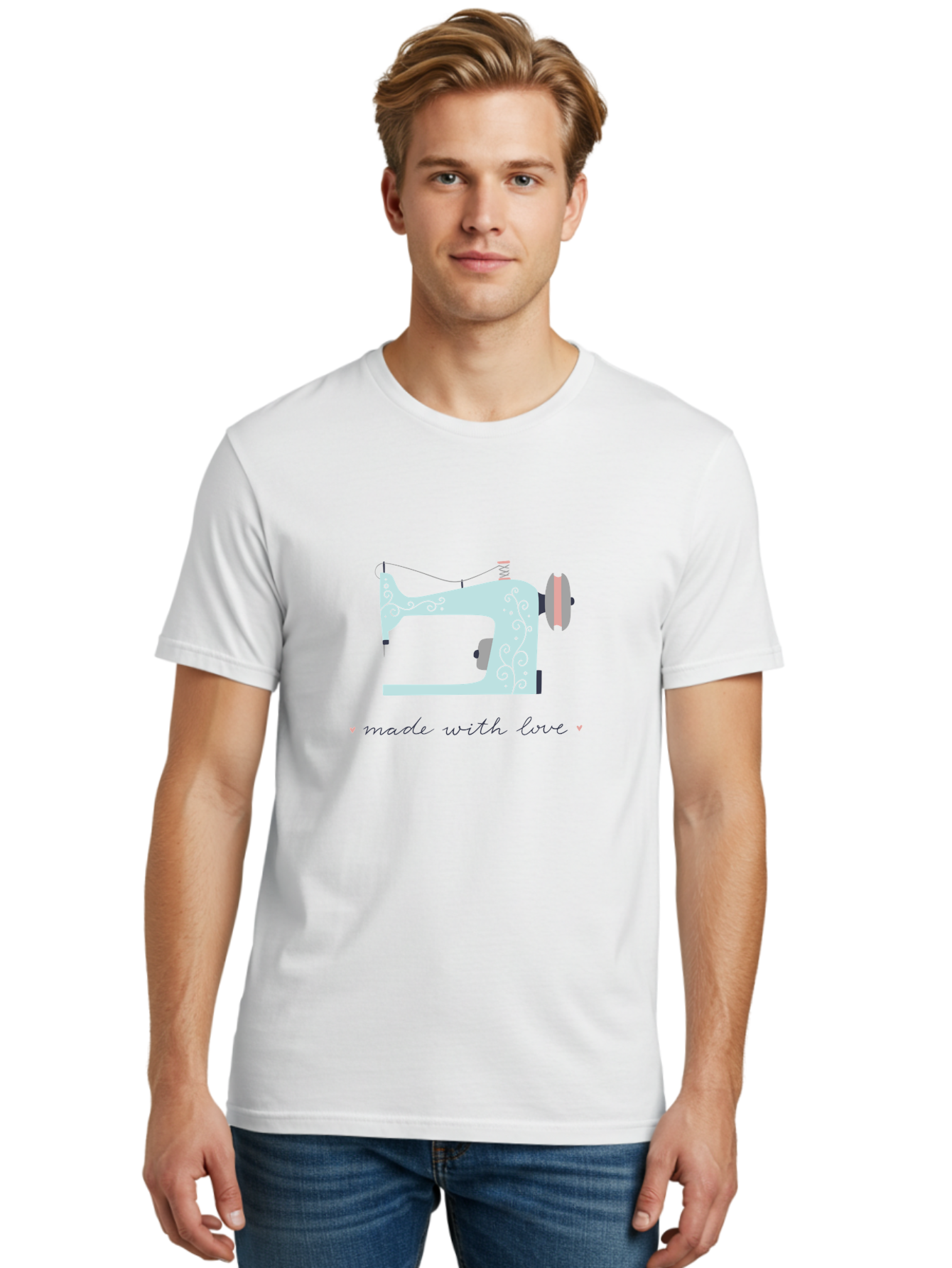 Made-With-Love-1 Men'S Graphic Tee, 100% Cotton, Comfortable Casual Summer Wear, Machine Washable, Vintage Sewing Machine, Handmade With Love, Sewing, Embroidery, Craft, Diy, Tailoring, Fashion Design Aac054