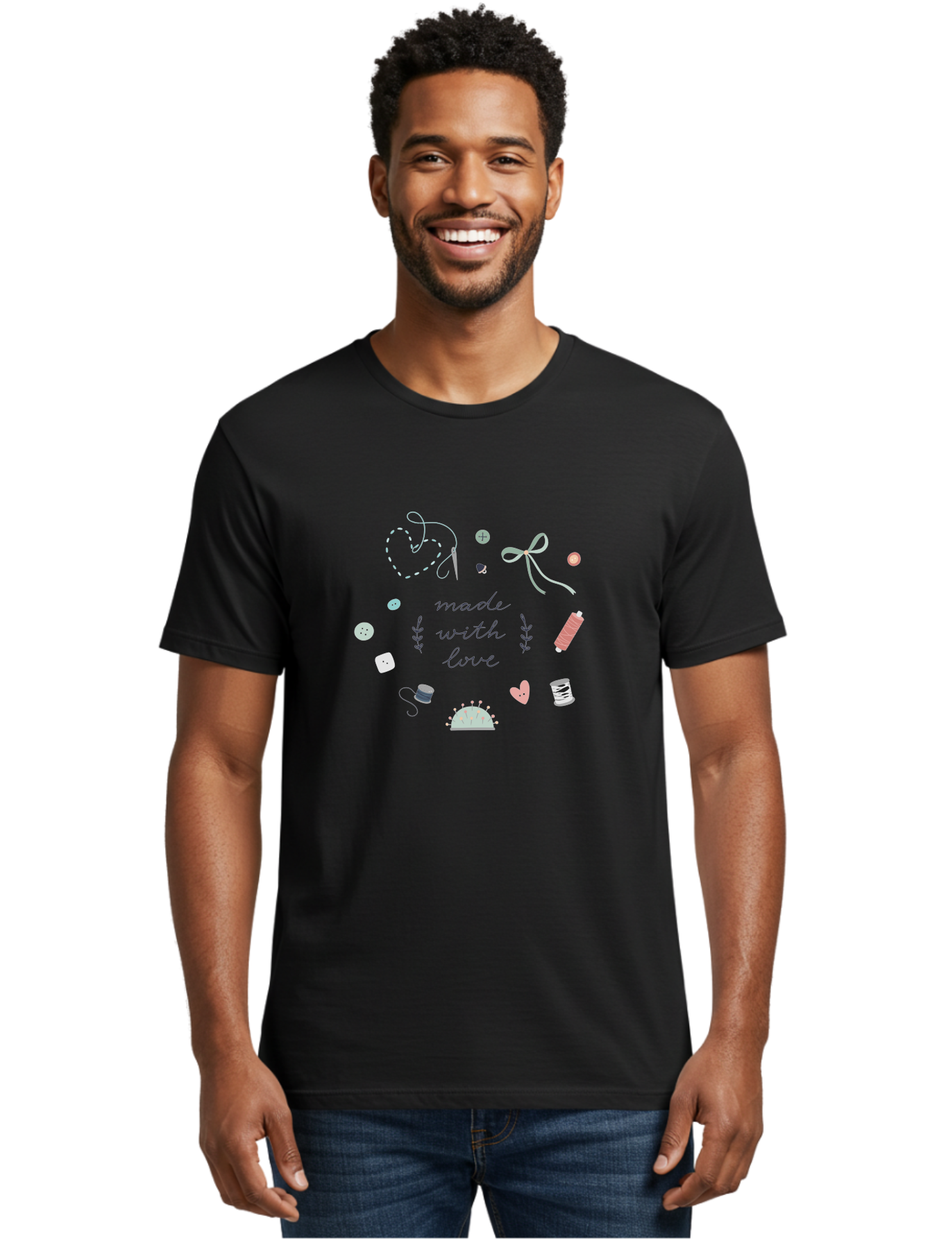 Made-With-Love-2 Men'S Graphic Tee, 100% Cotton, Comfortable Casual Summer Wear, Machine Washable, Sewing, Crafting, Handmade, Needlework, Sewing Accessories, Thread, Buttons, Bobbins, Scissors, Heart, Diy, Handcrafted, Embroidery, Aac055