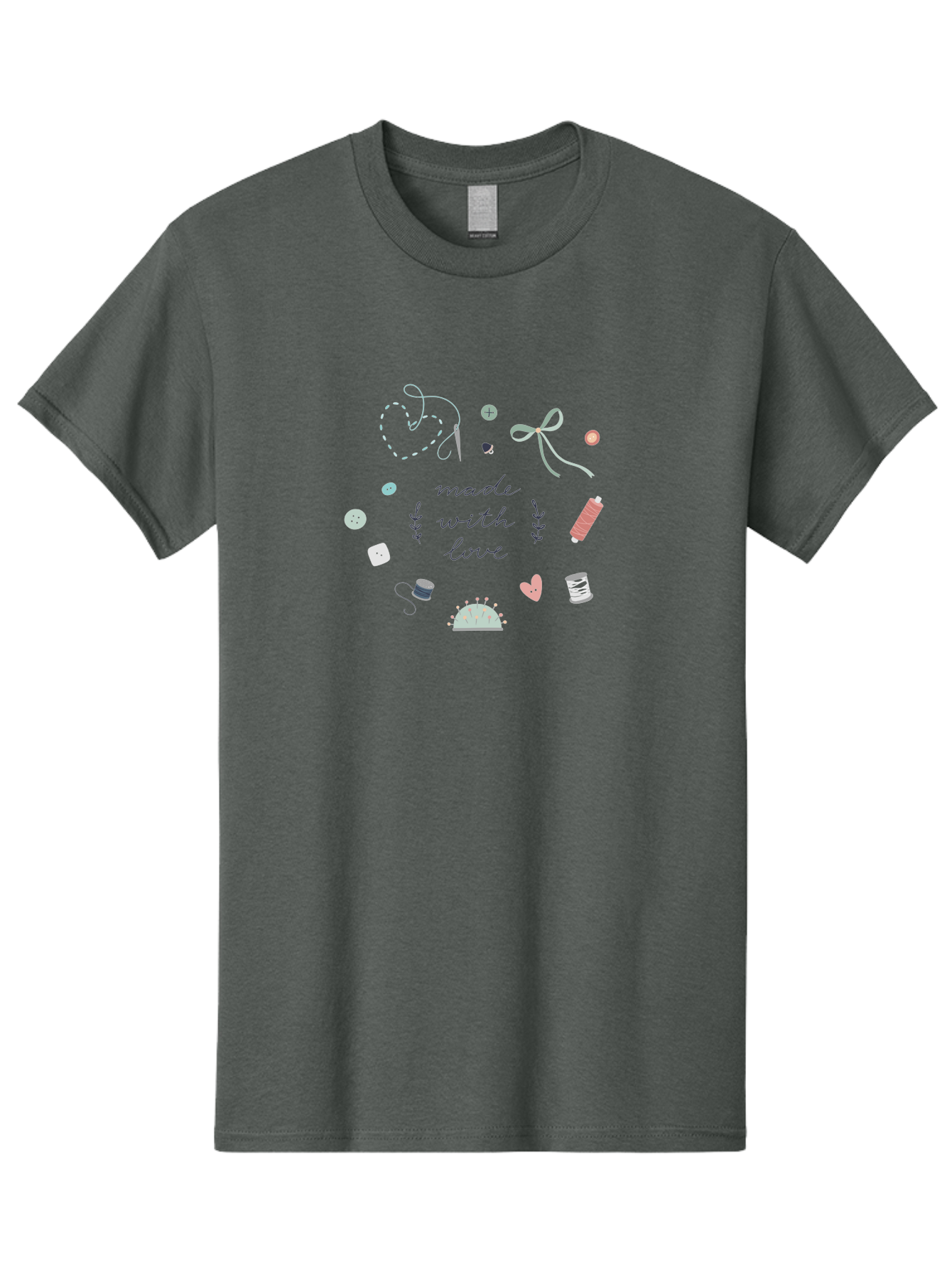 Made-With-Love-2 Men'S Graphic Tee, 100% Cotton, Comfortable Casual Summer Wear, Machine Washable, Sewing, Crafting, Handmade, Needlework, Sewing Accessories, Thread, Buttons, Bobbins, Scissors, Heart, Diy, Handcrafted, Embroidery, Aac055