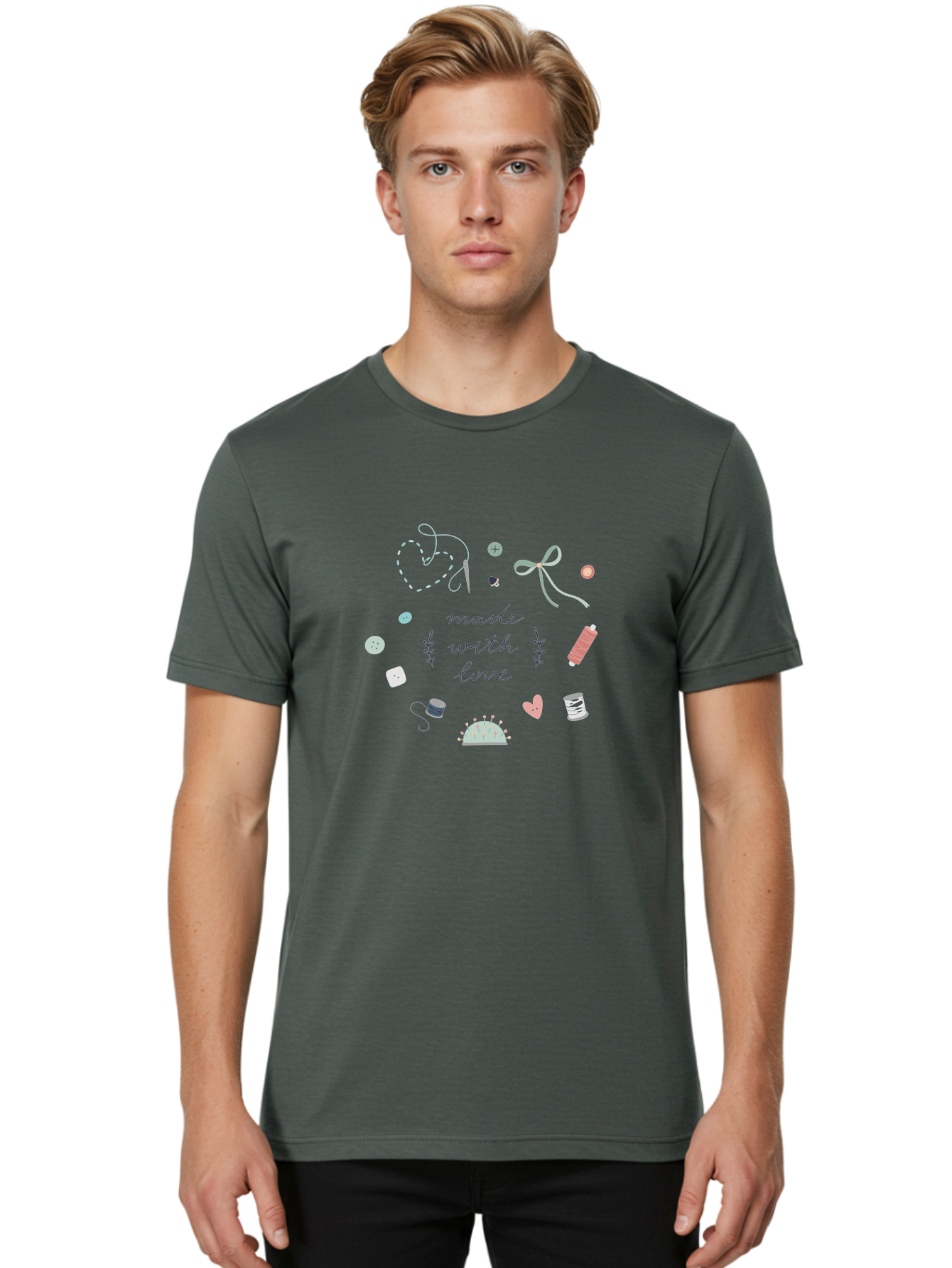 Made-With-Love-2 Men'S Graphic Tee, 100% Cotton, Comfortable Casual Summer Wear, Machine Washable, Sewing, Crafting, Handmade, Needlework, Sewing Accessories, Thread, Buttons, Bobbins, Scissors, Heart, Diy, Handcrafted, Embroidery, Aac055