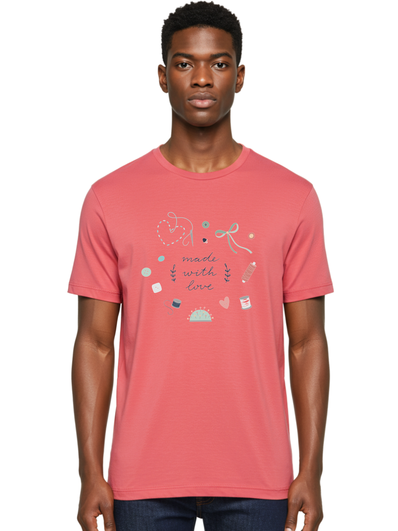 Made-With-Love-2 Men'S Graphic Tee, 100% Cotton, Comfortable Casual Summer Wear, Machine Washable, Sewing, Crafting, Handmade, Needlework, Sewing Accessories, Thread, Buttons, Bobbins, Scissors, Heart, Diy, Handcrafted, Embroidery, Aac055