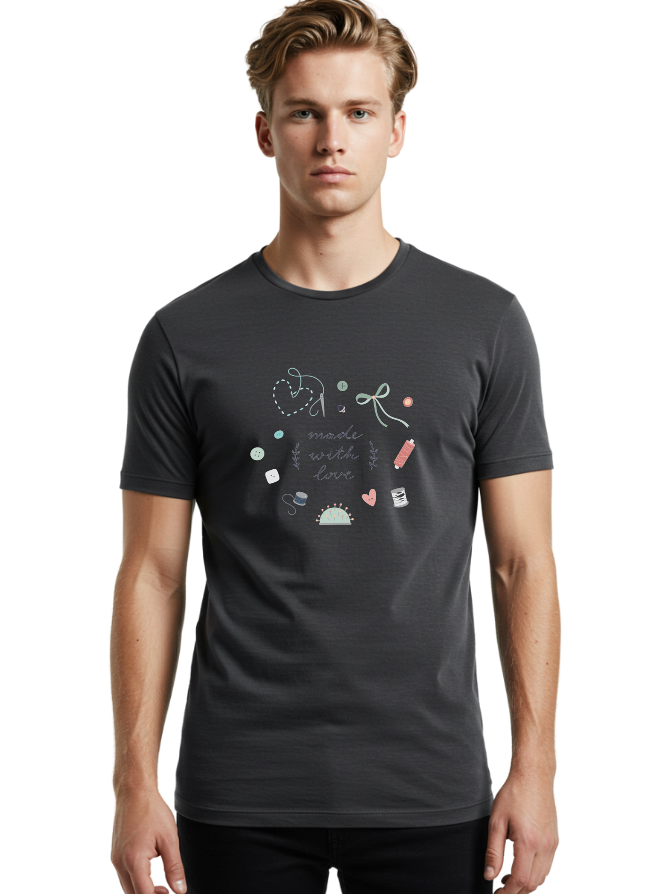 Made-With-Love-2 Men'S Graphic Tee, 100% Cotton, Comfortable Casual Summer Wear, Machine Washable, Sewing, Crafting, Handmade, Needlework, Sewing Accessories, Thread, Buttons, Bobbins, Scissors, Heart, Diy, Handcrafted, Embroidery, Aac055
