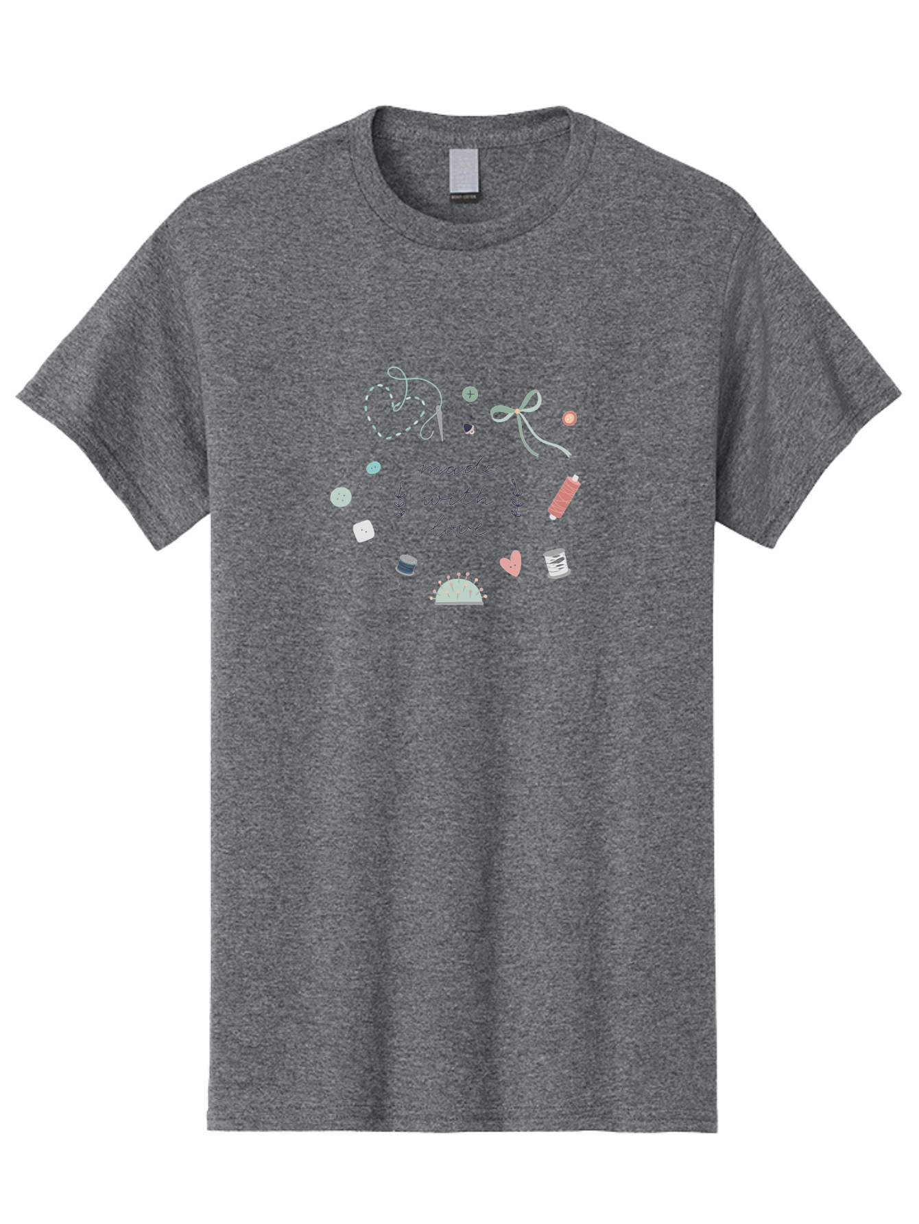 Made-With-Love-2 Men'S Graphic Tee, 100% Cotton, Comfortable Casual Summer Wear, Machine Washable, Sewing, Crafting, Handmade, Needlework, Sewing Accessories, Thread, Buttons, Bobbins, Scissors, Heart, Diy, Handcrafted, Embroidery, Aac055