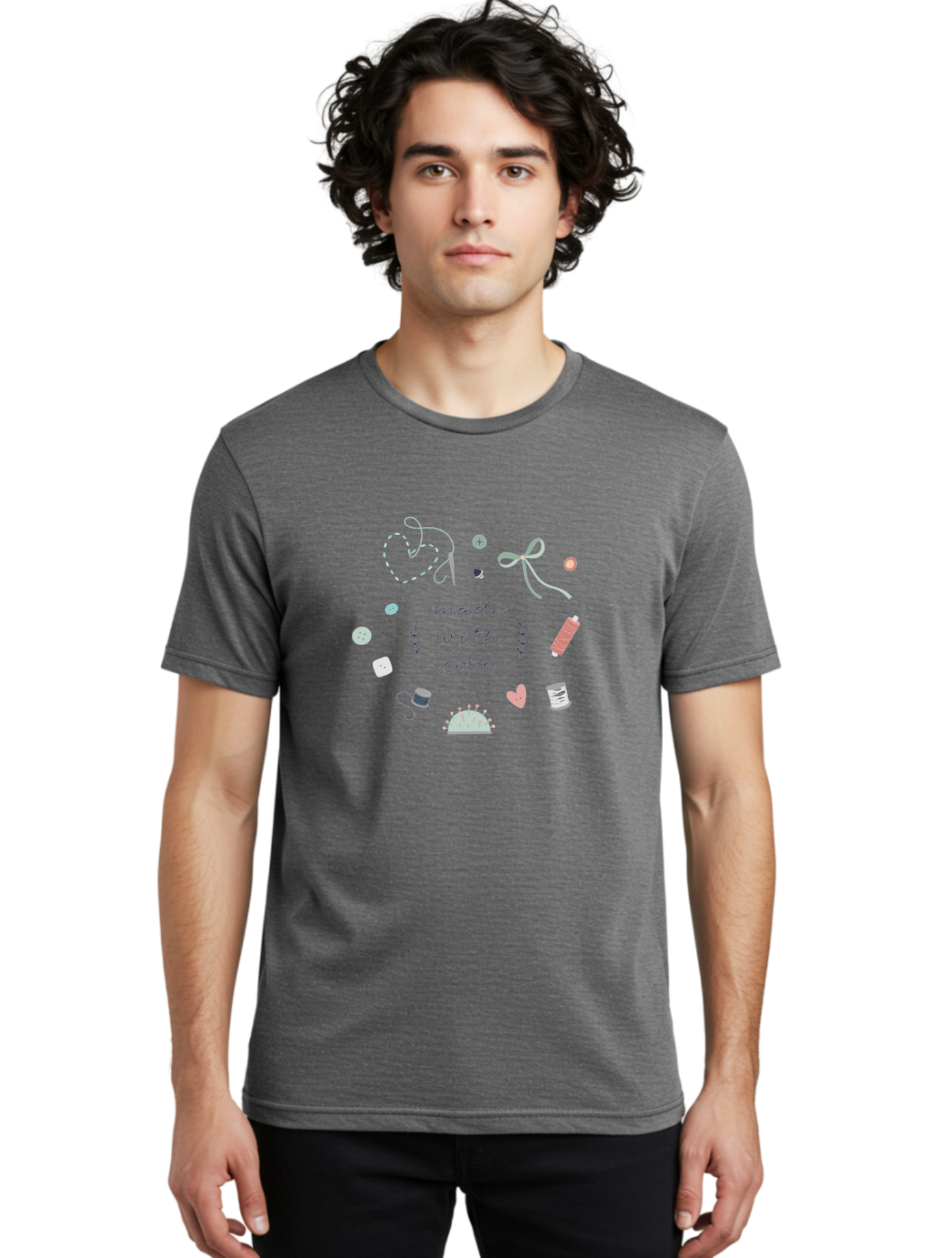 Made-With-Love-2 Men'S Graphic Tee, 100% Cotton, Comfortable Casual Summer Wear, Machine Washable, Sewing, Crafting, Handmade, Needlework, Sewing Accessories, Thread, Buttons, Bobbins, Scissors, Heart, Diy, Handcrafted, Embroidery, Aac055