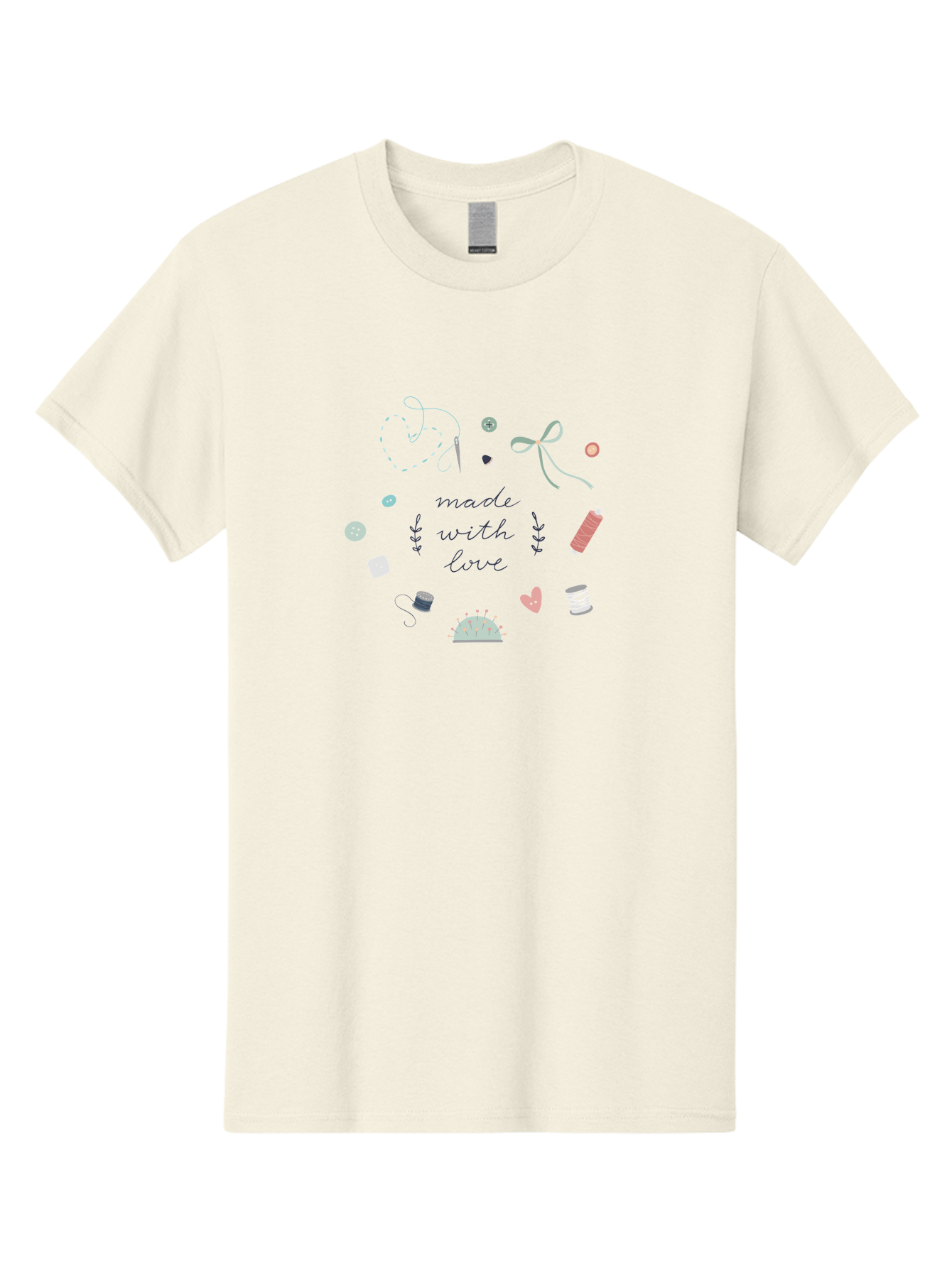 Made-With-Love-2 Men'S Graphic Tee, 100% Cotton, Comfortable Casual Summer Wear, Machine Washable, Sewing, Crafting, Handmade, Needlework, Sewing Accessories, Thread, Buttons, Bobbins, Scissors, Heart, Diy, Handcrafted, Embroidery, Aac055