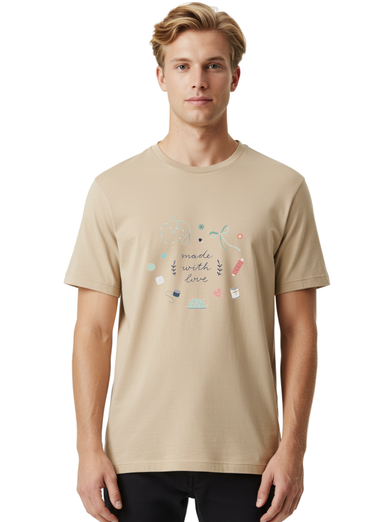 Made-With-Love-2 Men'S Graphic Tee, 100% Cotton, Comfortable Casual Summer Wear, Machine Washable, Sewing, Crafting, Handmade, Needlework, Sewing Accessories, Thread, Buttons, Bobbins, Scissors, Heart, Diy, Handcrafted, Embroidery, Aac055