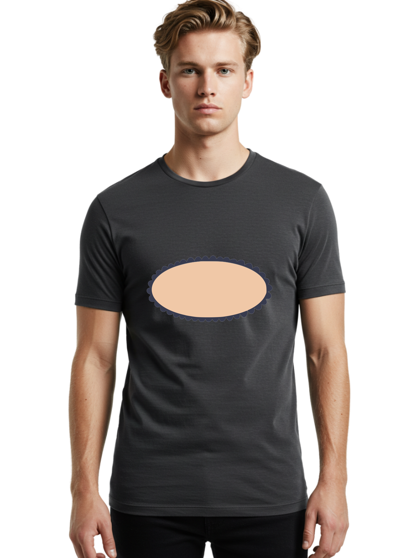 Oval-Badge Men'S Graphic Tee, 100% Cotton, Comfortable Casual Summer Wear, Machine Washable, Oval Shape, Decorative Frame, Beige And Black, Ornate Design, Blank Space, Graphic Element, Simple Illustration, Elegant Border Aac062