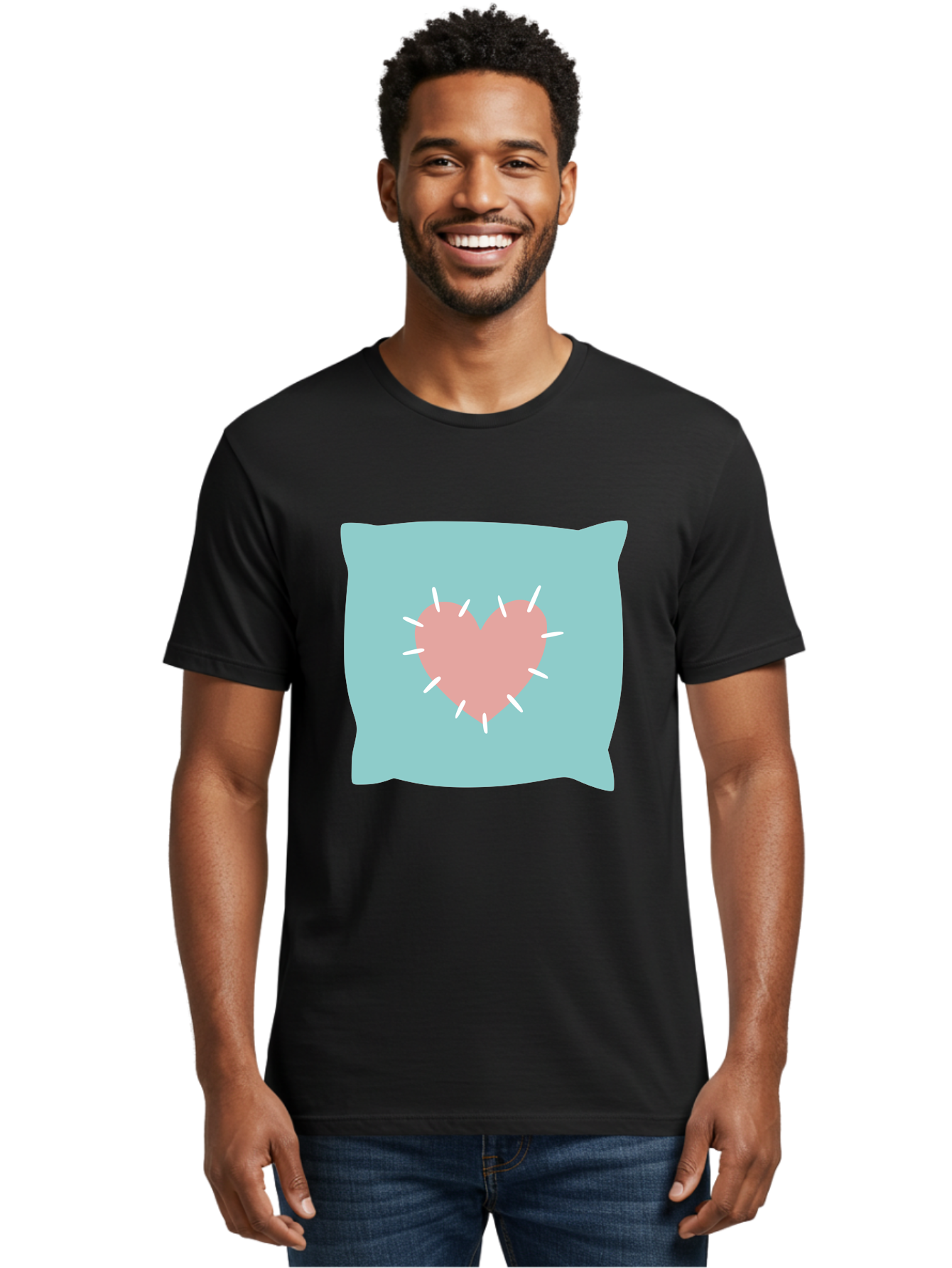 Pillow-With-Heart Men'S Graphic Tee, 100% Cotton, Comfortable Casual Summer Wear, Machine Washable, Pink Heart, Throw Pillow, Teal Background, White Accents, Home Decor, Love Symbol, Decorative Pillow, Heart Design, Cozy Atmosphere, Aac068