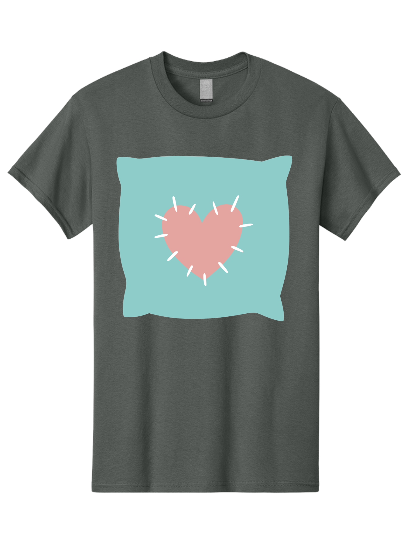 Pillow-With-Heart Men'S Graphic Tee, 100% Cotton, Comfortable Casual Summer Wear, Machine Washable, Pink Heart, Throw Pillow, Teal Background, White Accents, Home Decor, Love Symbol, Decorative Pillow, Heart Design, Cozy Atmosphere, Aac068