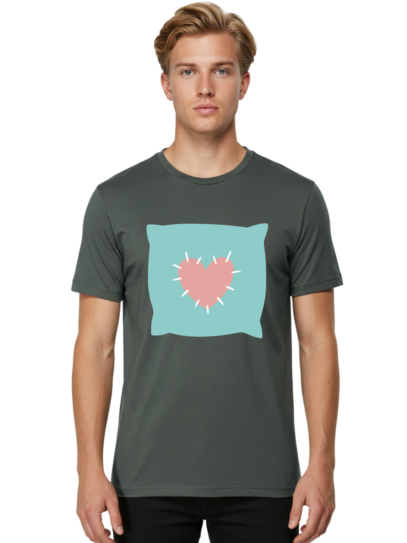 Pillow-With-Heart Men'S Graphic Tee, 100% Cotton, Comfortable Casual Summer Wear, Machine Washable, Pink Heart, Throw Pillow, Teal Background, White Accents, Home Decor, Love Symbol, Decorative Pillow, Heart Design, Cozy Atmosphere, Aac068