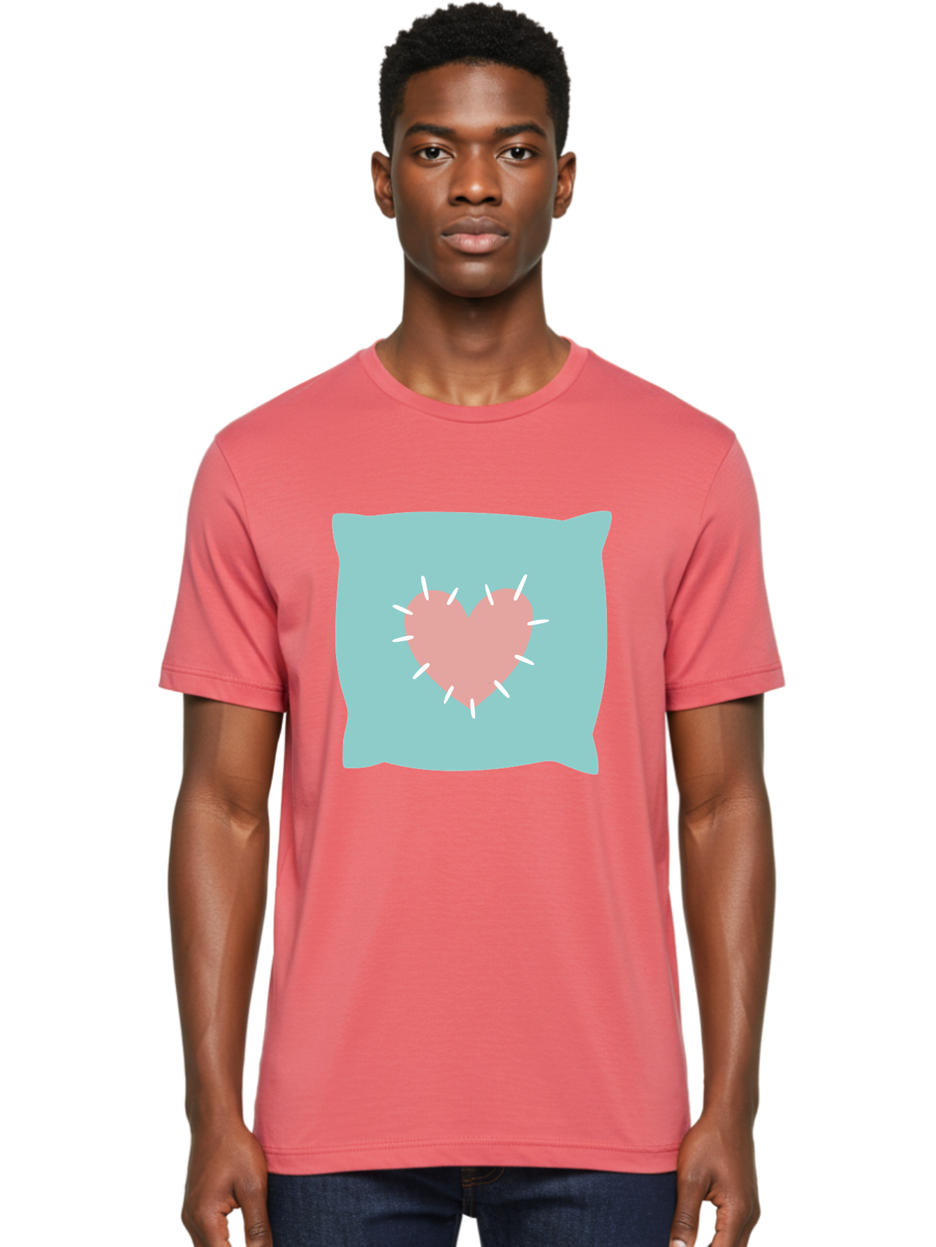 Pillow-With-Heart Men'S Graphic Tee, 100% Cotton, Comfortable Casual Summer Wear, Machine Washable, Pink Heart, Throw Pillow, Teal Background, White Accents, Home Decor, Love Symbol, Decorative Pillow, Heart Design, Cozy Atmosphere, Aac068