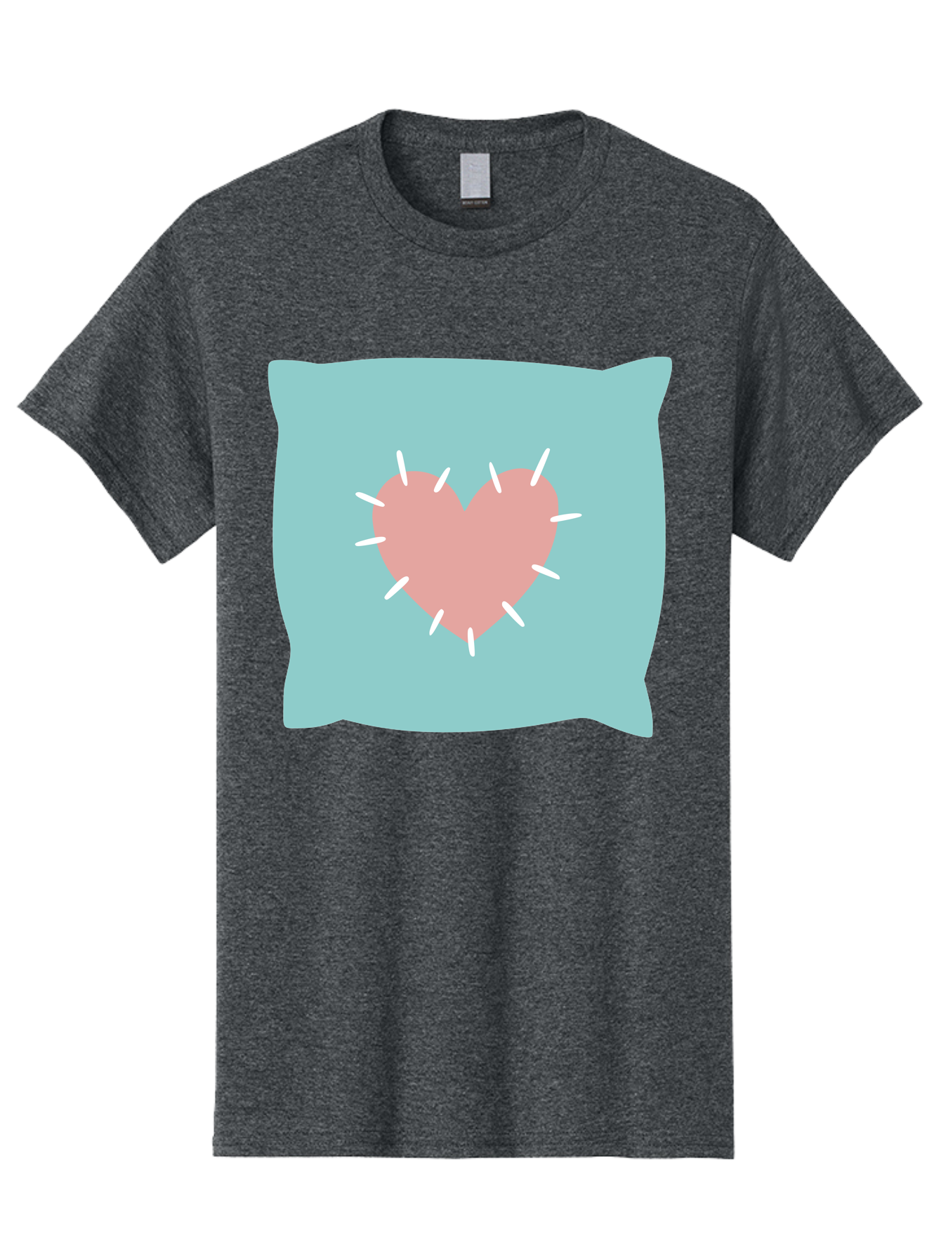 Pillow-With-Heart Men'S Graphic Tee, 100% Cotton, Comfortable Casual Summer Wear, Machine Washable, Pink Heart, Throw Pillow, Teal Background, White Accents, Home Decor, Love Symbol, Decorative Pillow, Heart Design, Cozy Atmosphere, Aac068