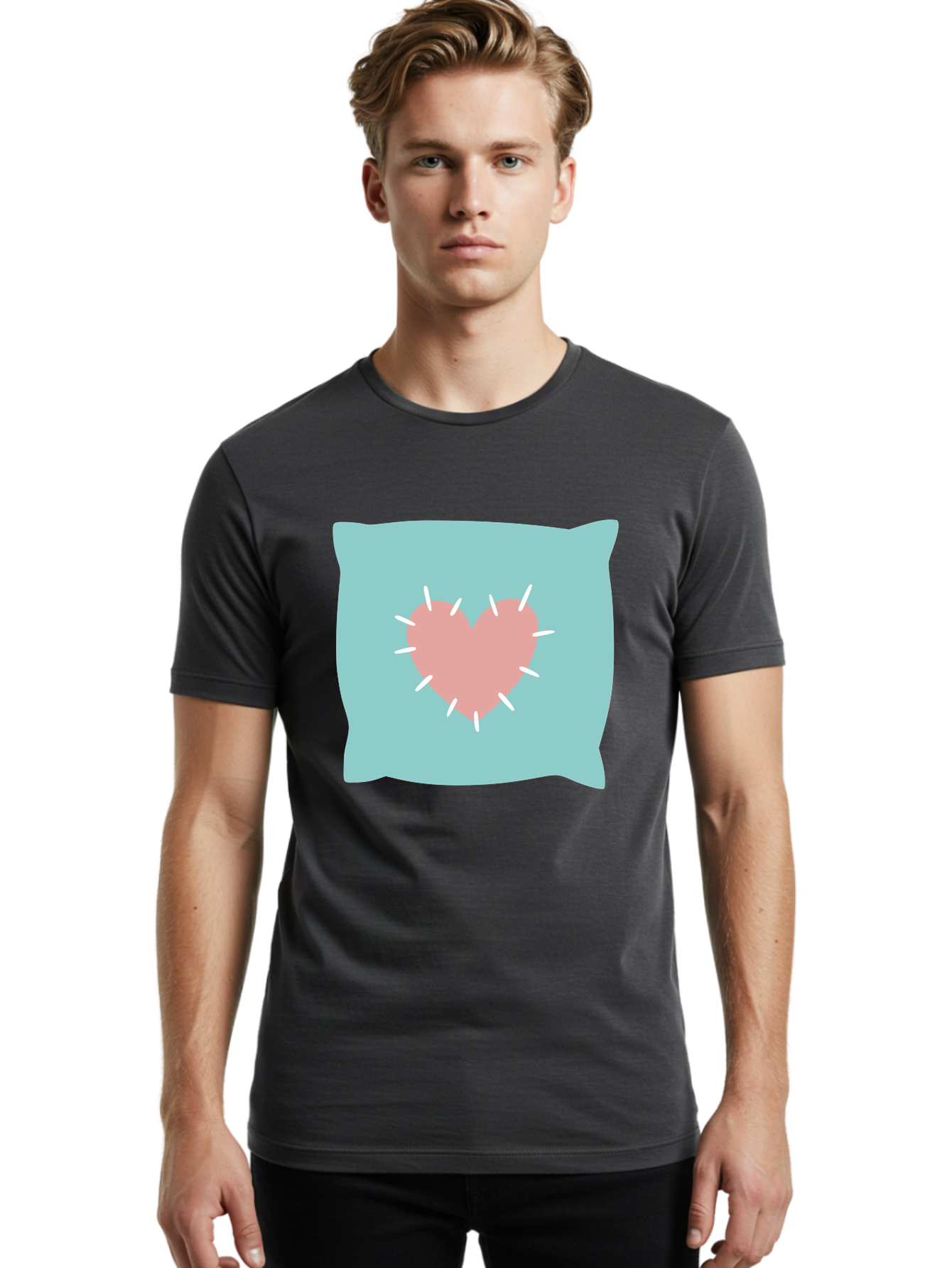 Pillow-With-Heart Men'S Graphic Tee, 100% Cotton, Comfortable Casual Summer Wear, Machine Washable, Pink Heart, Throw Pillow, Teal Background, White Accents, Home Decor, Love Symbol, Decorative Pillow, Heart Design, Cozy Atmosphere, Aac068