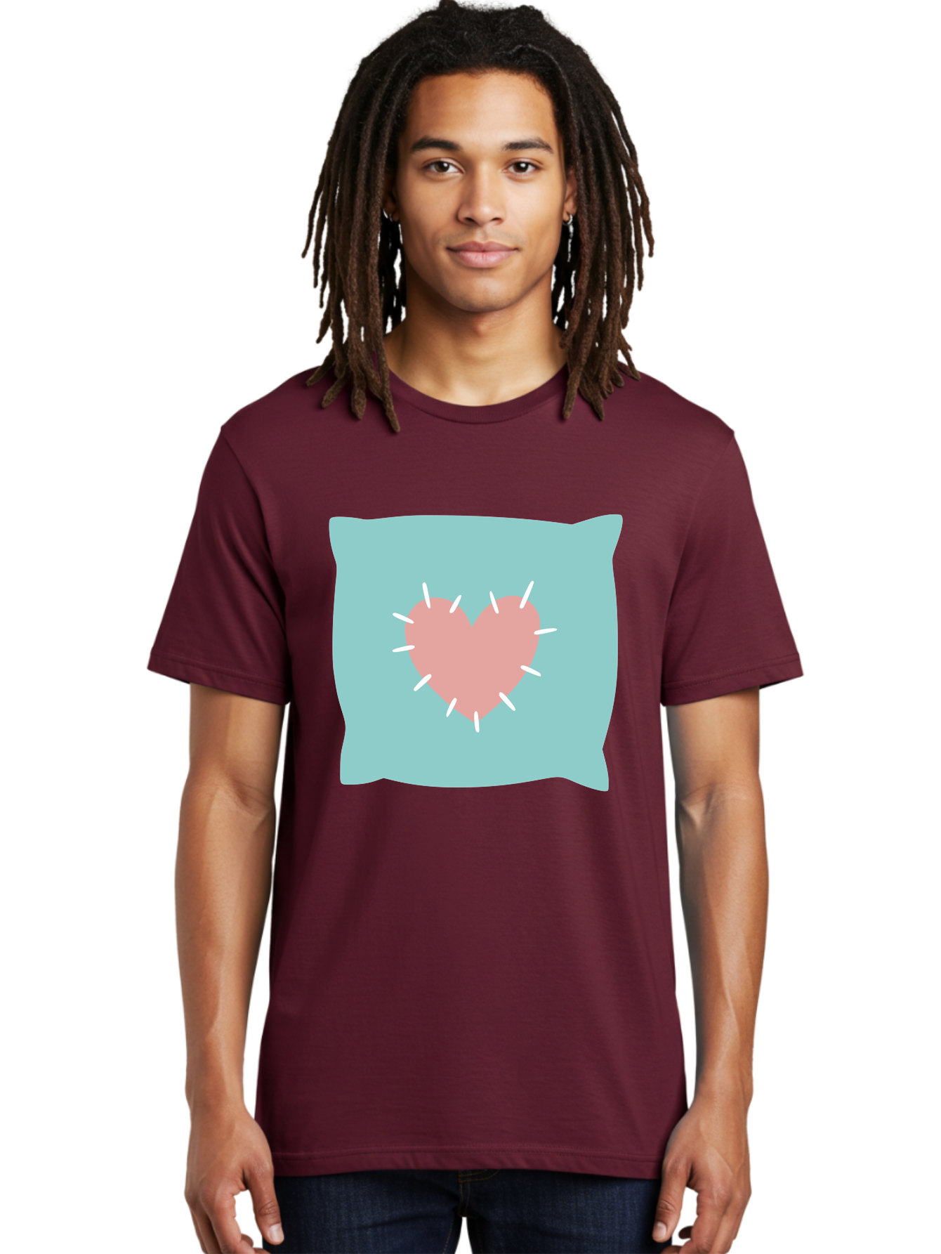 Pillow-With-Heart Men'S Graphic Tee, 100% Cotton, Comfortable Casual Summer Wear, Machine Washable, Pink Heart, Throw Pillow, Teal Background, White Accents, Home Decor, Love Symbol, Decorative Pillow, Heart Design, Cozy Atmosphere, Aac068
