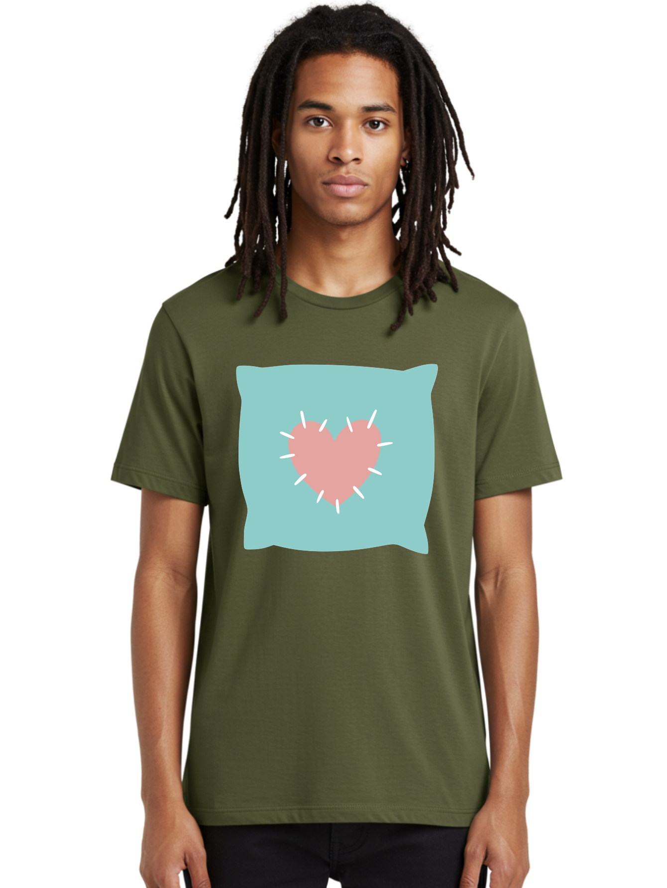Pillow-With-Heart Men'S Graphic Tee, 100% Cotton, Comfortable Casual Summer Wear, Machine Washable, Pink Heart, Throw Pillow, Teal Background, White Accents, Home Decor, Love Symbol, Decorative Pillow, Heart Design, Cozy Atmosphere, Aac068