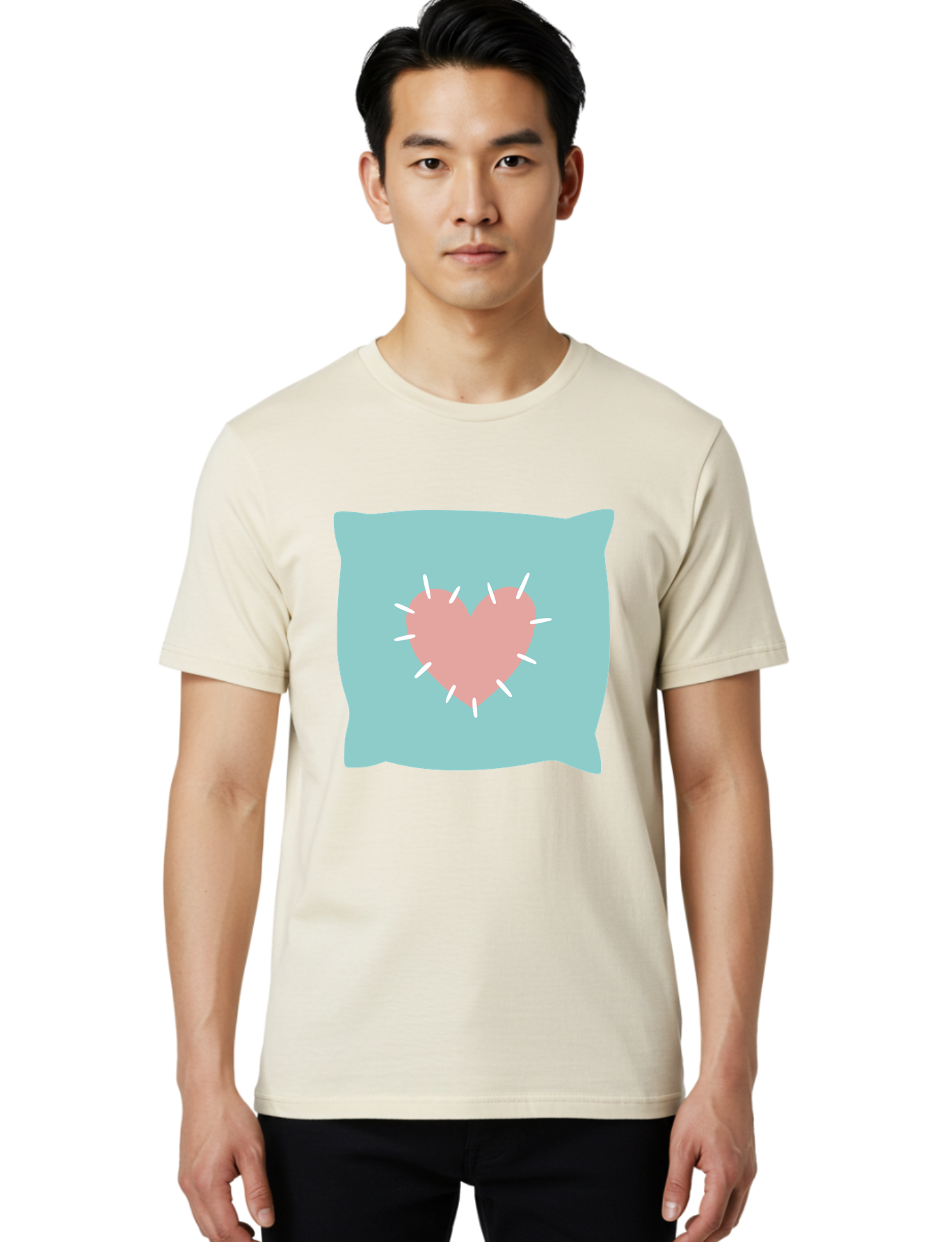 Pillow-With-Heart Men'S Graphic Tee, 100% Cotton, Comfortable Casual Summer Wear, Machine Washable, Pink Heart, Throw Pillow, Teal Background, White Accents, Home Decor, Love Symbol, Decorative Pillow, Heart Design, Cozy Atmosphere, Aac068