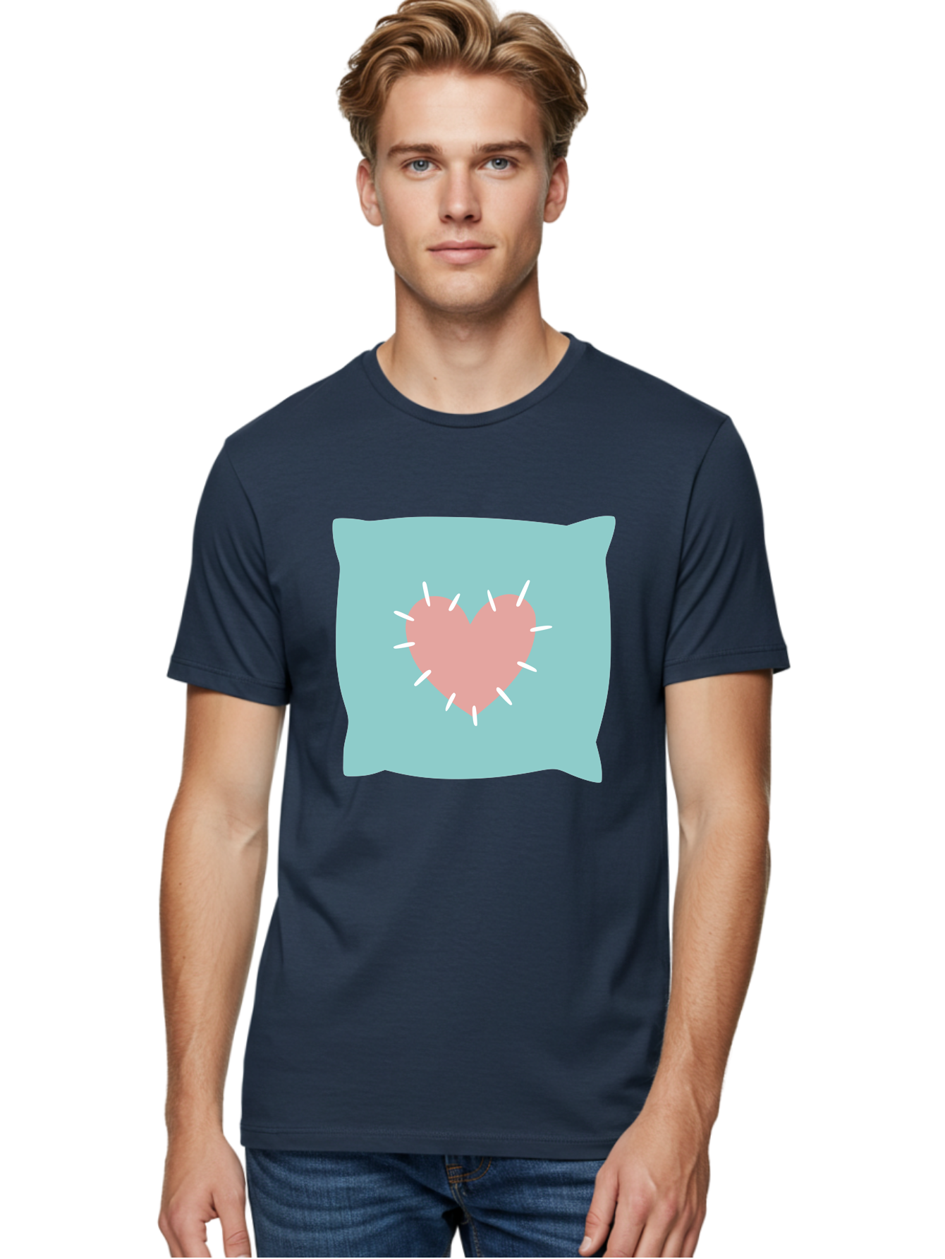 Pillow-With-Heart Men'S Graphic Tee, 100% Cotton, Comfortable Casual Summer Wear, Machine Washable, Pink Heart, Throw Pillow, Teal Background, White Accents, Home Decor, Love Symbol, Decorative Pillow, Heart Design, Cozy Atmosphere, Aac068