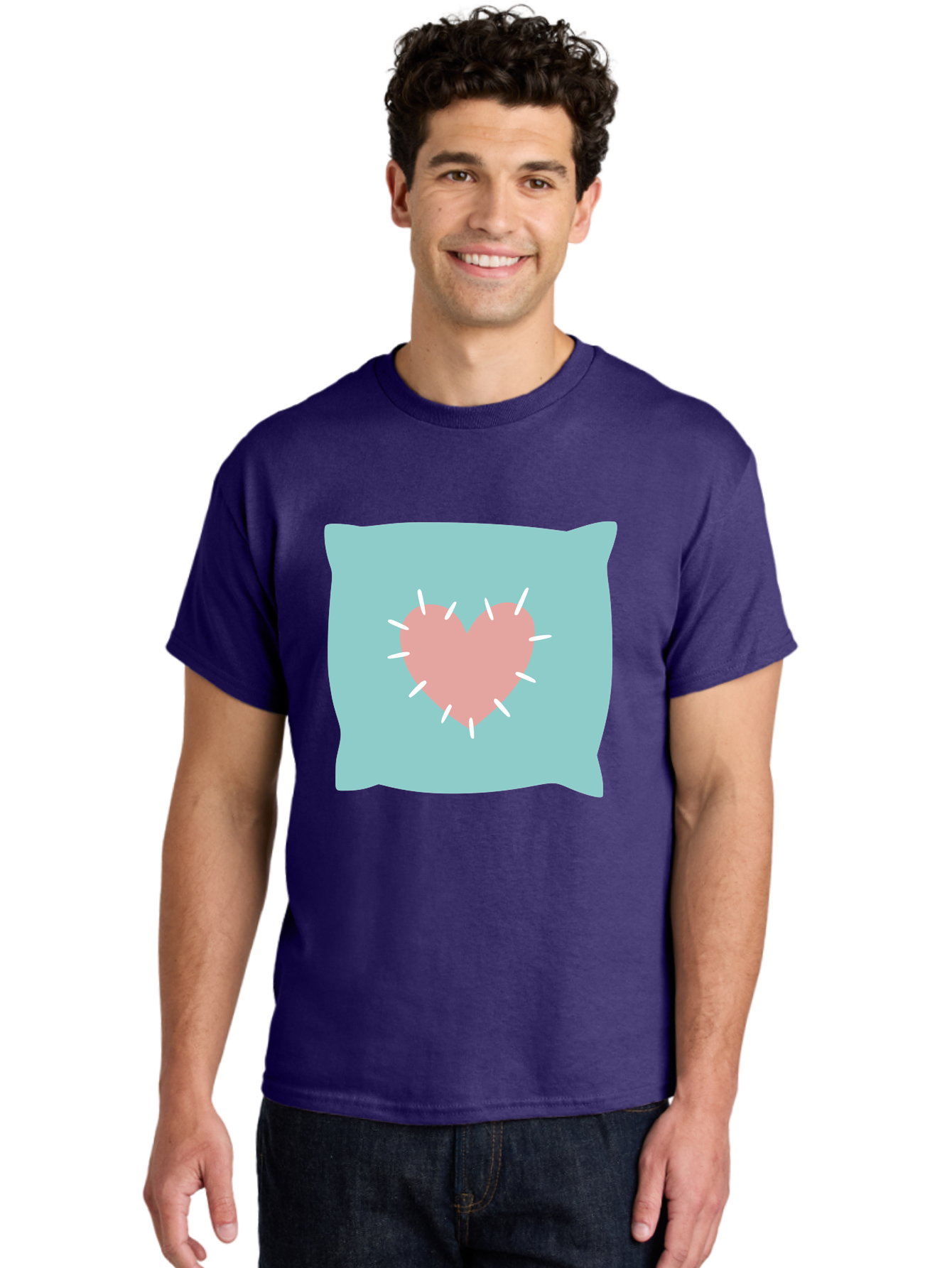 Pillow-With-Heart Men'S Graphic Tee, 100% Cotton, Comfortable Casual Summer Wear, Machine Washable, Pink Heart, Throw Pillow, Teal Background, White Accents, Home Decor, Love Symbol, Decorative Pillow, Heart Design, Cozy Atmosphere, Aac068