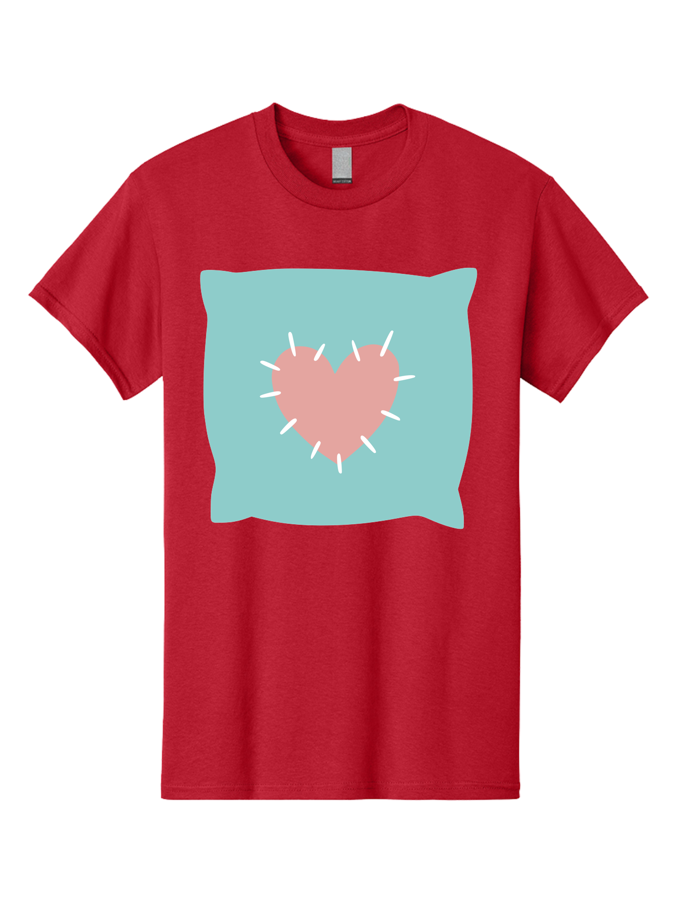 Pillow-With-Heart Men'S Graphic Tee, 100% Cotton, Comfortable Casual Summer Wear, Machine Washable, Pink Heart, Throw Pillow, Teal Background, White Accents, Home Decor, Love Symbol, Decorative Pillow, Heart Design, Cozy Atmosphere, Aac068