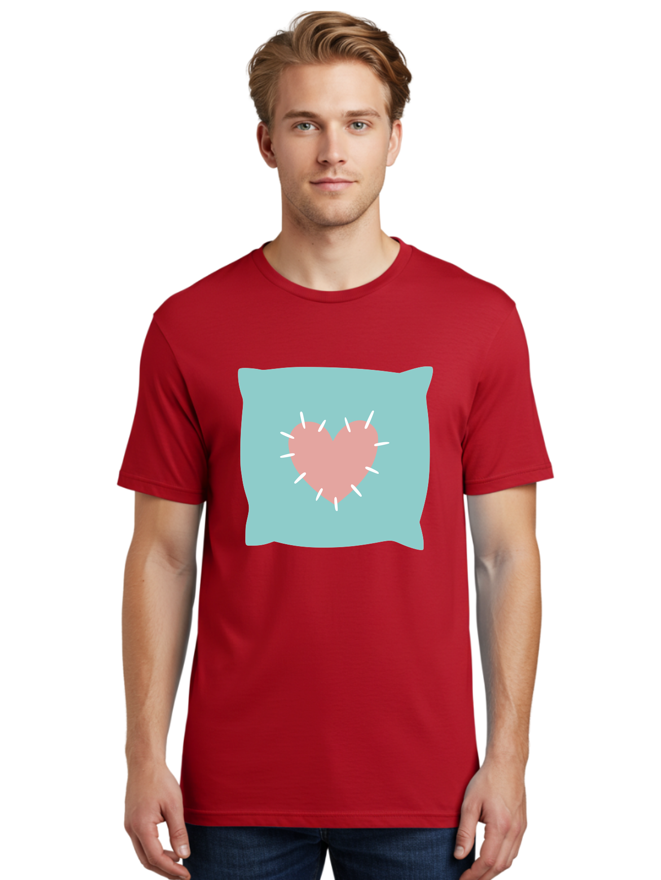 Pillow-With-Heart Men'S Graphic Tee, 100% Cotton, Comfortable Casual Summer Wear, Machine Washable, Pink Heart, Throw Pillow, Teal Background, White Accents, Home Decor, Love Symbol, Decorative Pillow, Heart Design, Cozy Atmosphere, Aac068