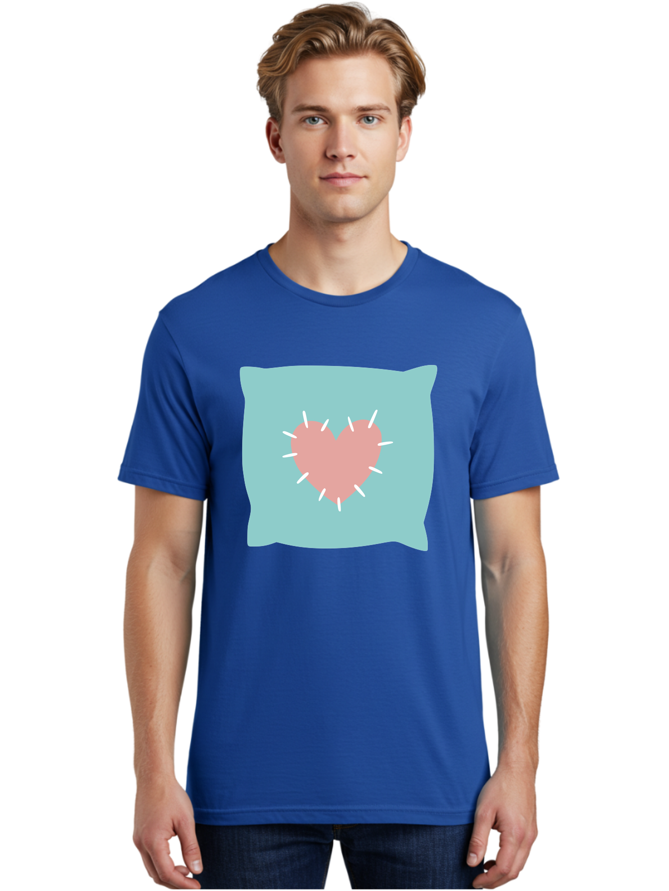 Pillow-With-Heart Men'S Graphic Tee, 100% Cotton, Comfortable Casual Summer Wear, Machine Washable, Pink Heart, Throw Pillow, Teal Background, White Accents, Home Decor, Love Symbol, Decorative Pillow, Heart Design, Cozy Atmosphere, Aac068