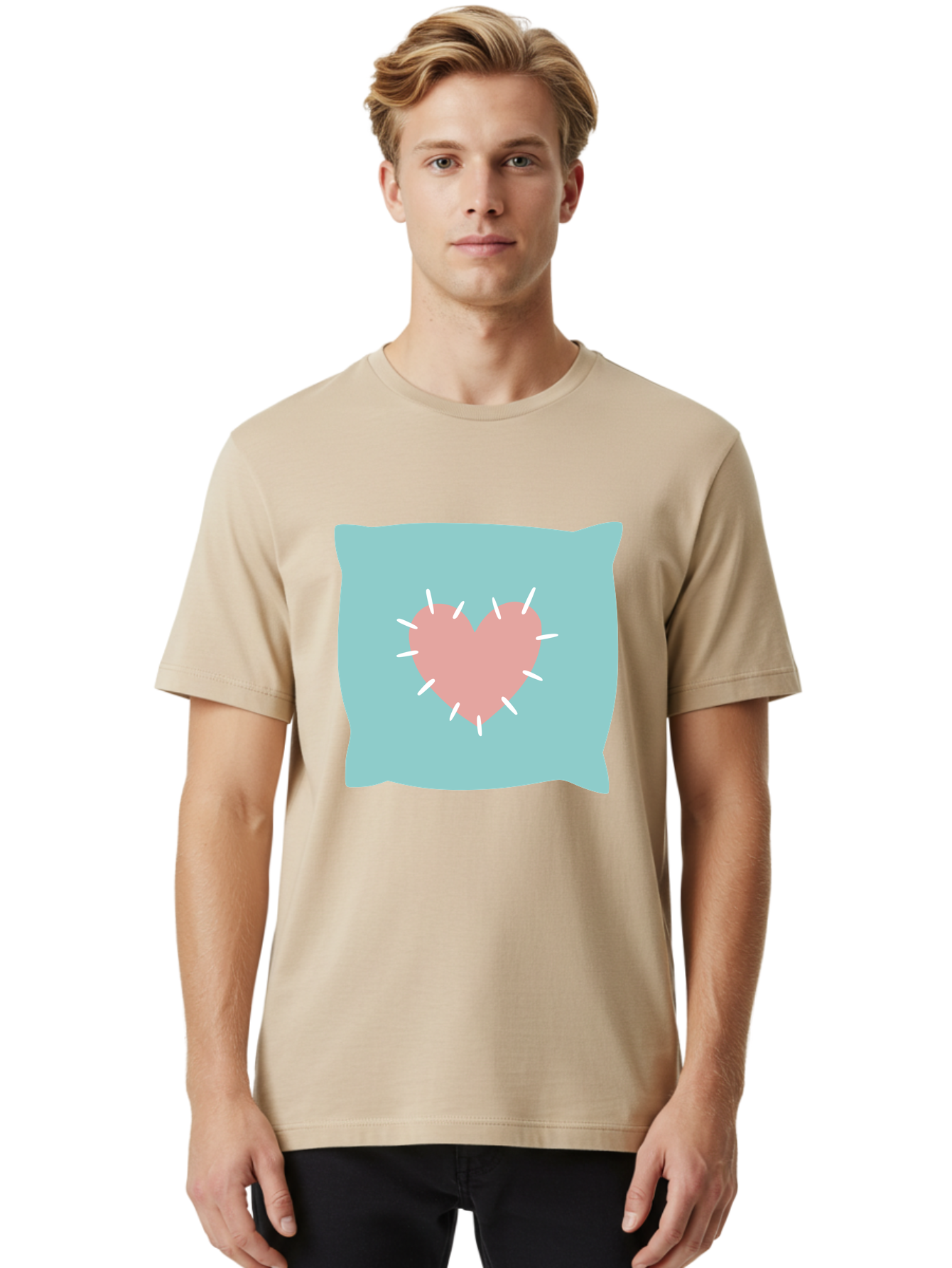Pillow-With-Heart Men'S Graphic Tee, 100% Cotton, Comfortable Casual Summer Wear, Machine Washable, Pink Heart, Throw Pillow, Teal Background, White Accents, Home Decor, Love Symbol, Decorative Pillow, Heart Design, Cozy Atmosphere, Aac068