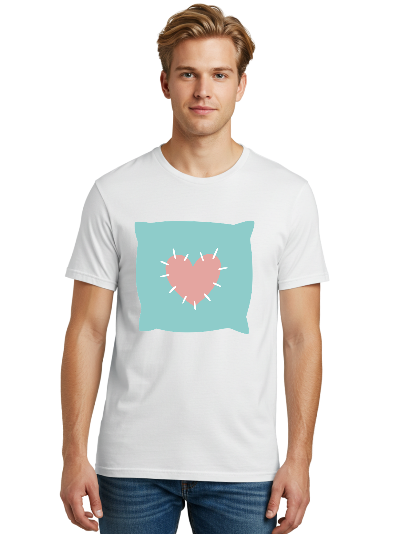 Pillow-With-Heart Men'S Graphic Tee, 100% Cotton, Comfortable Casual Summer Wear, Machine Washable, Pink Heart, Throw Pillow, Teal Background, White Accents, Home Decor, Love Symbol, Decorative Pillow, Heart Design, Cozy Atmosphere, Aac068