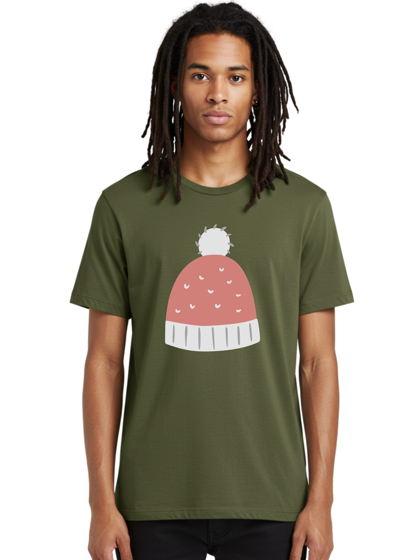 Pink-Beanie Men'S Graphic Tee, 100% Cotton, Comfortable Casual Summer Wear, Machine Washable, Winter Hat, Beanie With Pom-Pom, Pink And White, Festive Fashion, Cold Weather Accessory, Trendy Headwear, Winter Clothing Aac072