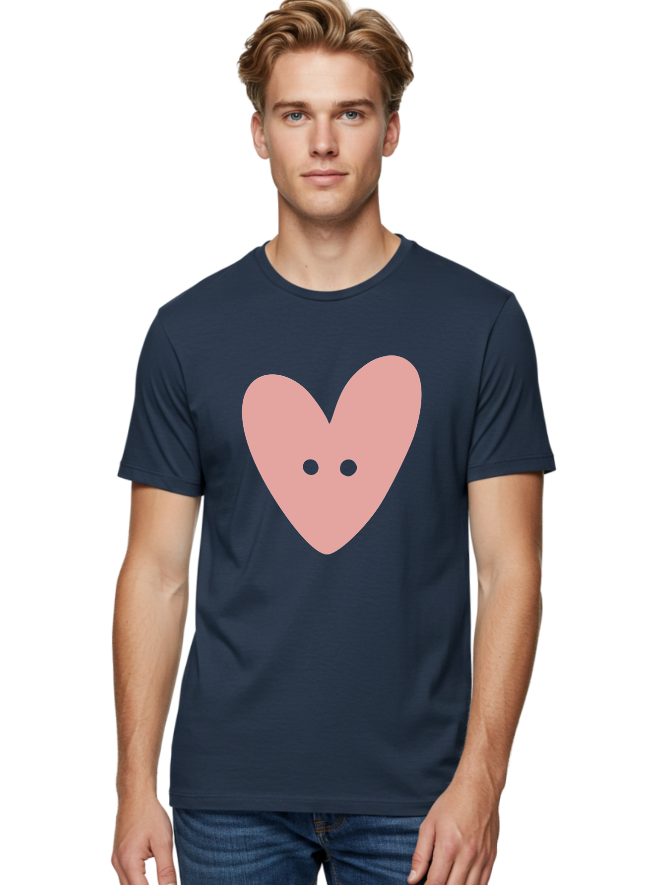 Pink-Heart-Button Men'S Graphic Tee, 100% Cotton, Comfortable Casual Summer Wear, Machine Washable, Heart Symbol, Pink Icon, Love Emblem, Cute Design, Simple Illustration, Minimalist Art Aac075