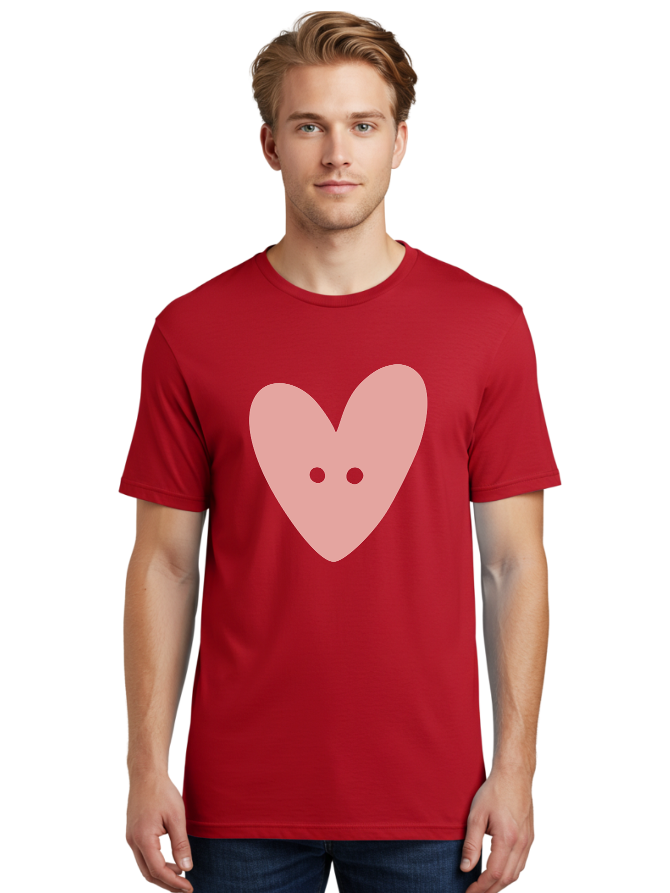 Pink-Heart-Button Men'S Graphic Tee, 100% Cotton, Comfortable Casual Summer Wear, Machine Washable, Heart Symbol, Pink Icon, Love Emblem, Cute Design, Simple Illustration, Minimalist Art Aac075