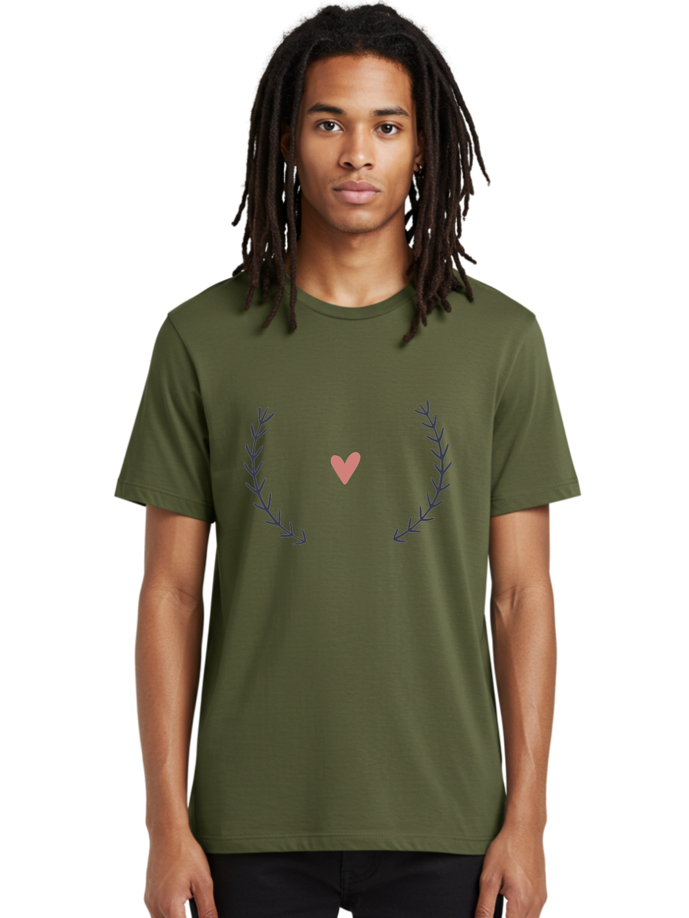 Pink-Heart-Laurel Men'S Graphic Tee, 100% Cotton, Comfortable Casual Summer Wear, Machine Washable, Pink Heart Symbol, Purple Leaves, Love Icon, Minimalist Design, Simple Graphics, Heart Shape, Floral Elements, Romantic Symbolism, Aac076