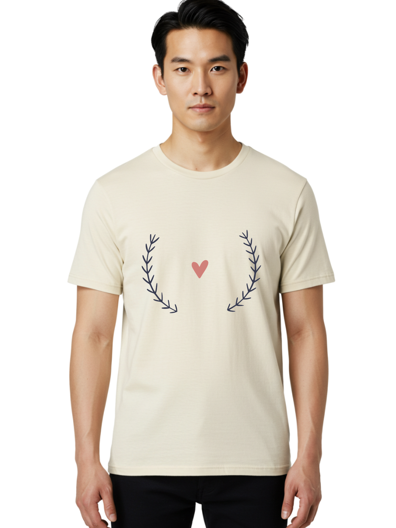 Pink-Heart-Laurel Men'S Graphic Tee, 100% Cotton, Comfortable Casual Summer Wear, Machine Washable, Pink Heart Symbol, Purple Leaves, Love Icon, Minimalist Design, Simple Graphics, Heart Shape, Floral Elements, Romantic Symbolism, Aac076
