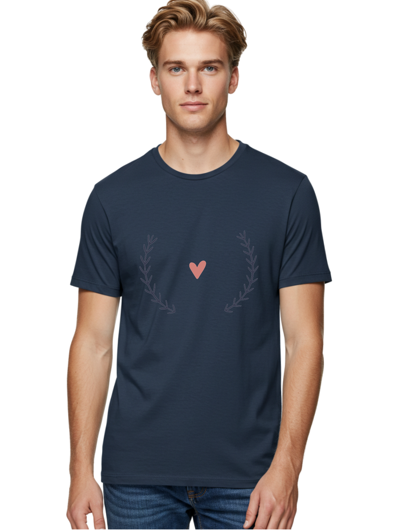 Pink-Heart-Laurel Men'S Graphic Tee, 100% Cotton, Comfortable Casual Summer Wear, Machine Washable, Pink Heart Symbol, Purple Leaves, Love Icon, Minimalist Design, Simple Graphics, Heart Shape, Floral Elements, Romantic Symbolism, Aac076