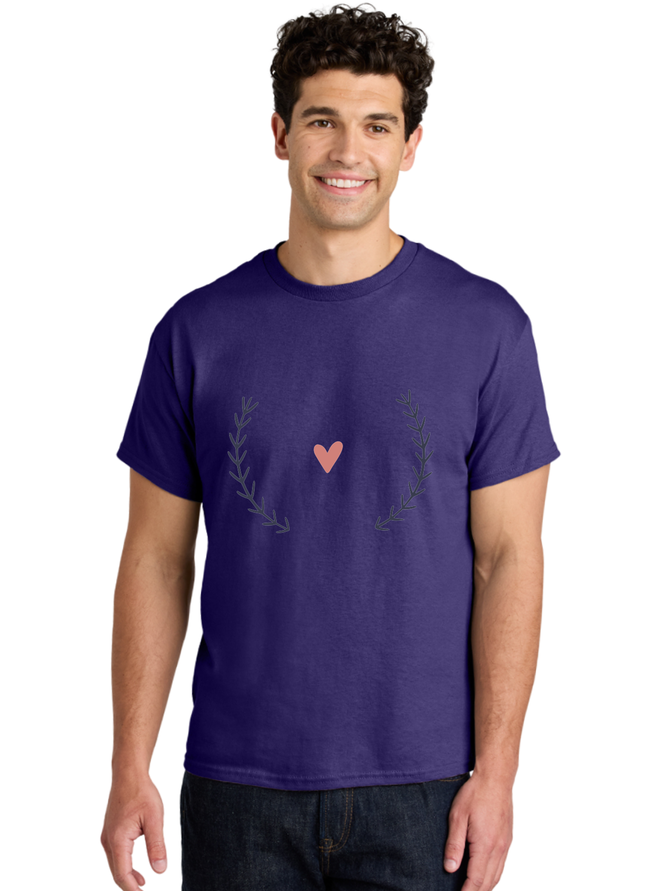 Pink-Heart-Laurel Men'S Graphic Tee, 100% Cotton, Comfortable Casual Summer Wear, Machine Washable, Pink Heart Symbol, Purple Leaves, Love Icon, Minimalist Design, Simple Graphics, Heart Shape, Floral Elements, Romantic Symbolism, Aac076