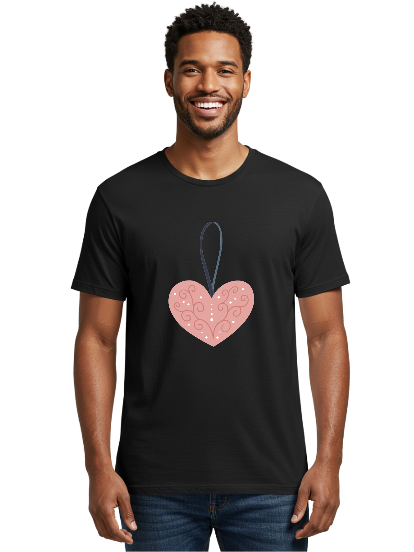 Pink-Heart-Ornament Men'S Graphic Tee, 100% Cotton, Comfortable Casual Summer Wear, Machine Washable, Pink Heart Ornament, Decorative Design, Swirling Patterns, White Dots, Hanging Decoration, Love Symbol, Valentines Day Gift, Festive Decor Aac077